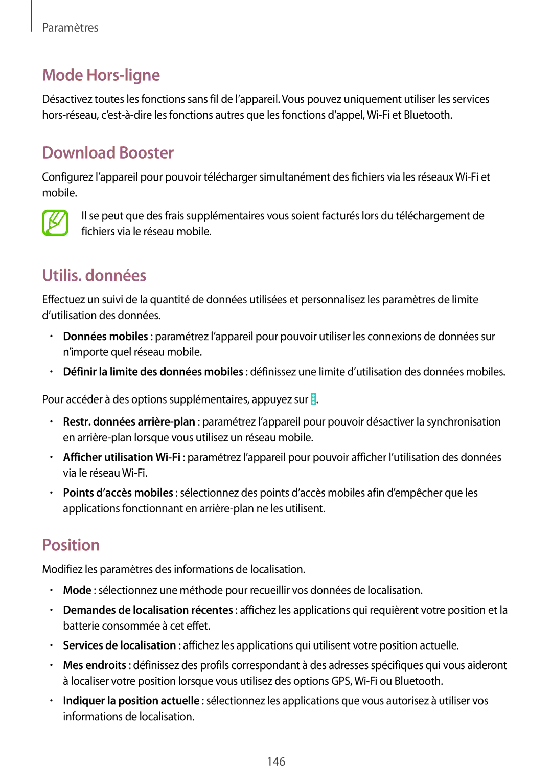 Samsung SM-P9050ZWAXEF, SM-P9050ZKAXEF manual Mode Hors-ligne, Download Booster, Utilis. données, Position 