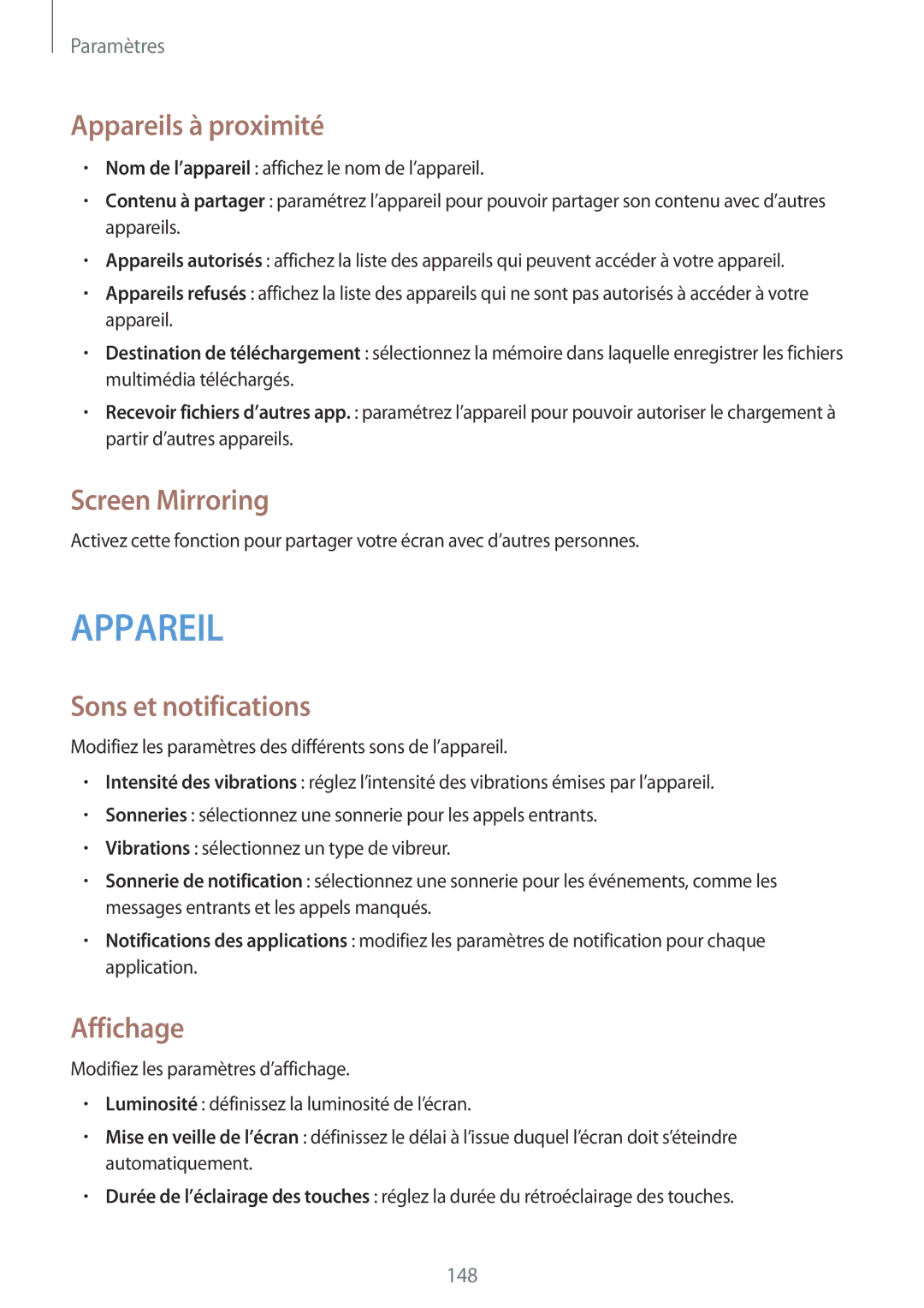 Samsung SM-P9050ZWAXEF, SM-P9050ZKAXEF manual Appareils à proximité, Screen Mirroring, Sons et notifications, Affichage 