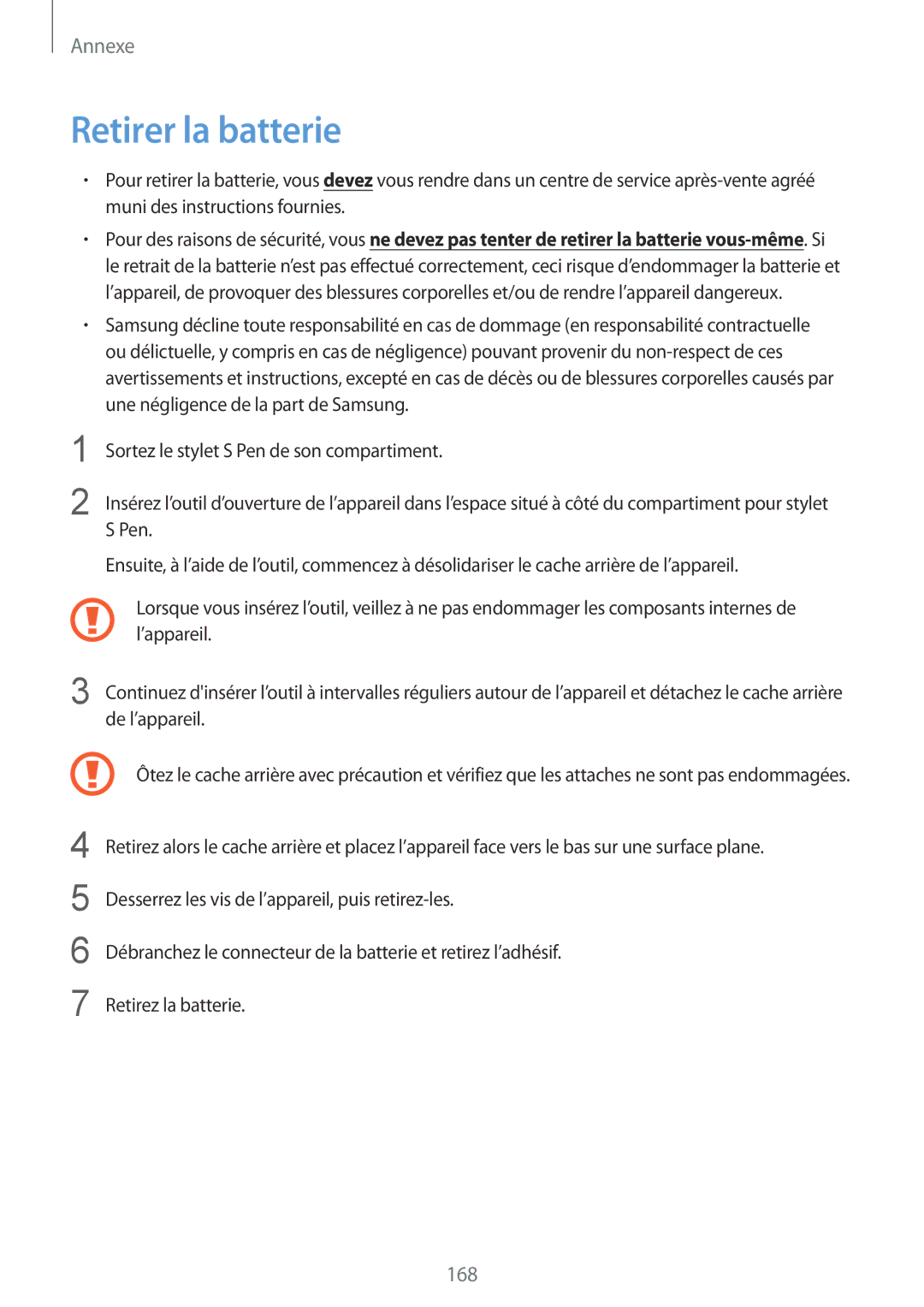 Samsung SM-P9050ZWAXEF, SM-P9050ZKAXEF manual Retirer la batterie, 168 