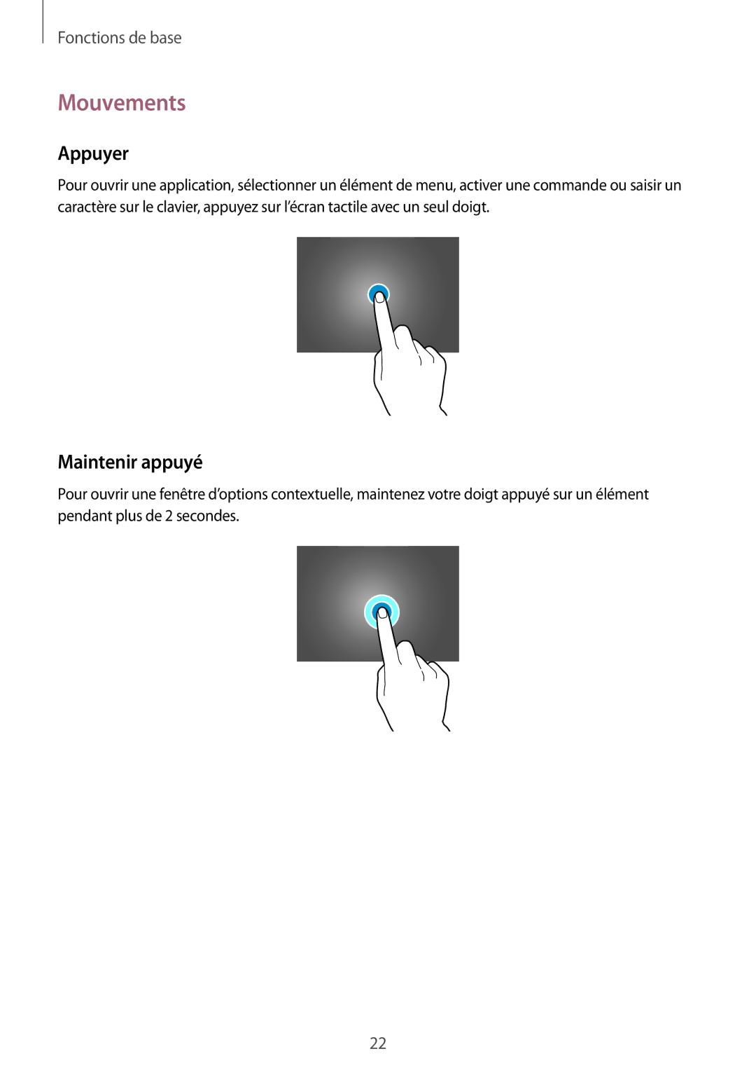 Samsung SM-P9050ZWAXEF, SM-P9050ZKAXEF manual Mouvements, Appuyer, Maintenir appuyé 
