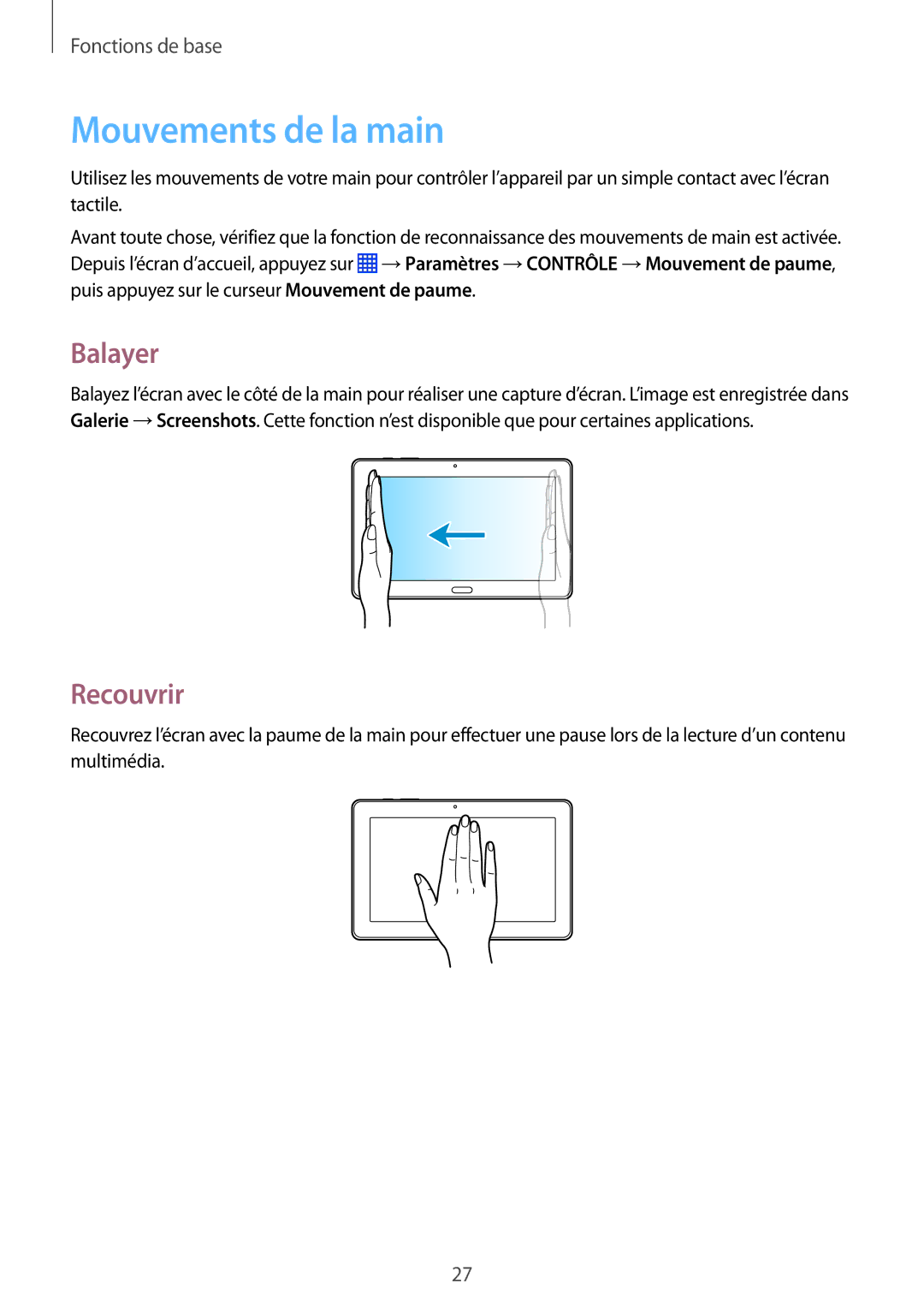 Samsung SM-P9050ZKAXEF, SM-P9050ZWAXEF manual Mouvements de la main, Balayer, Recouvrir 