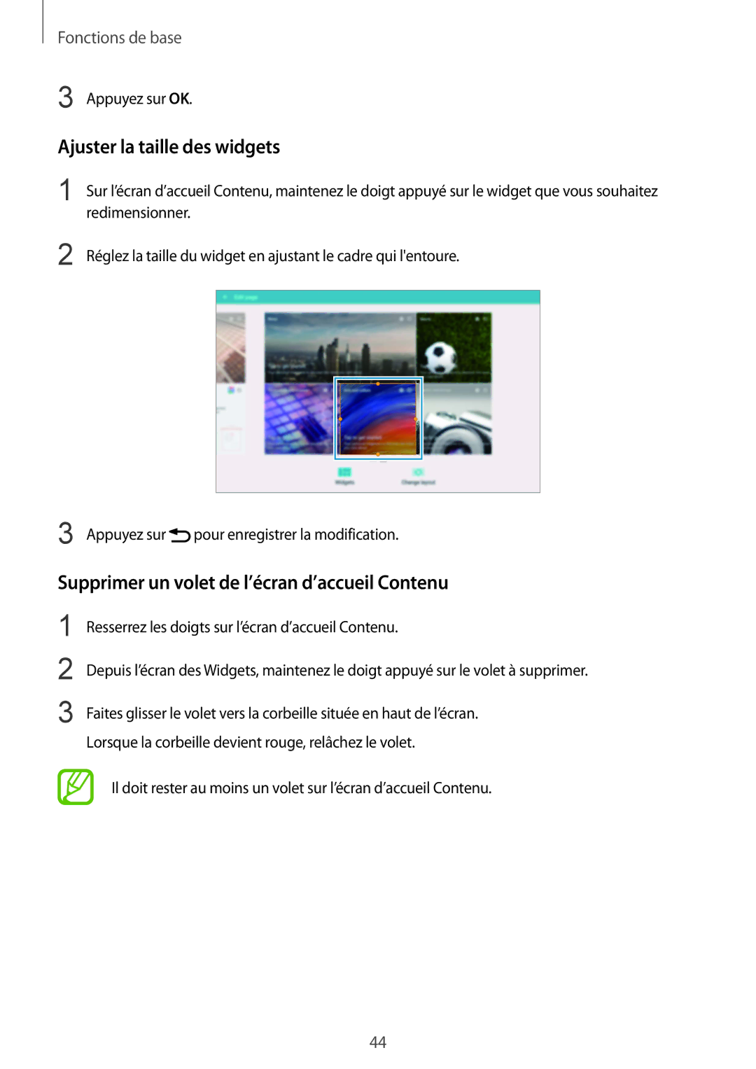 Samsung SM-P9050ZWAXEF, SM-P9050ZKAXEF manual Ajuster la taille des widgets, Supprimer un volet de l’écran d’accueil Contenu 