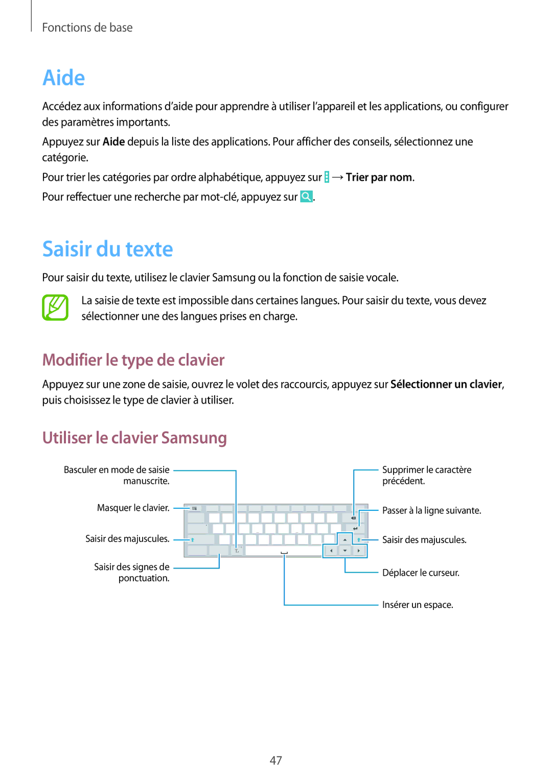 Samsung SM-P9050ZKAXEF, SM-P9050ZWAXEF Aide, Saisir du texte, Modifier le type de clavier, Utiliser le clavier Samsung 