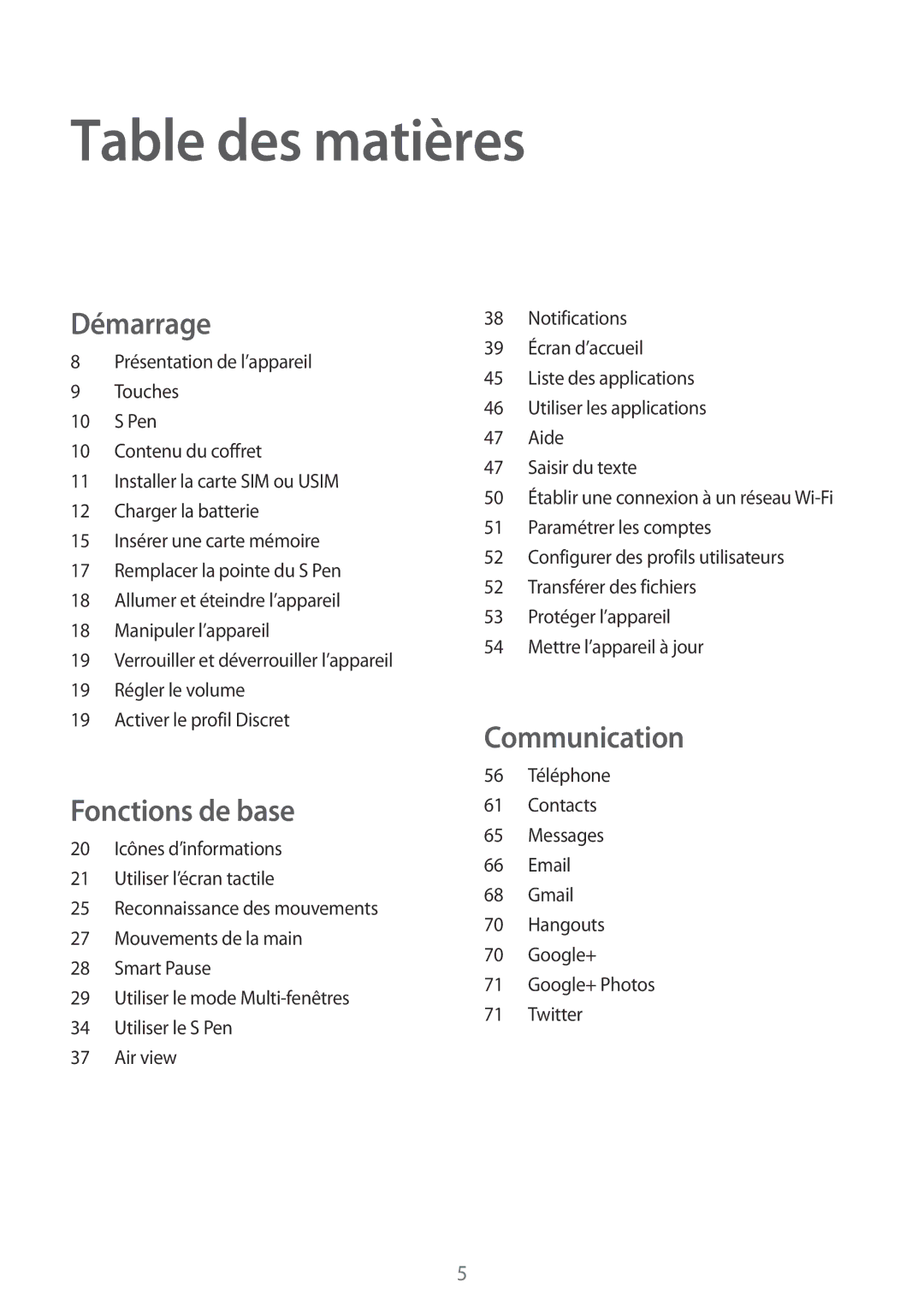 Samsung SM-P9050ZKAXEF, SM-P9050ZWAXEF manual Table des matières 