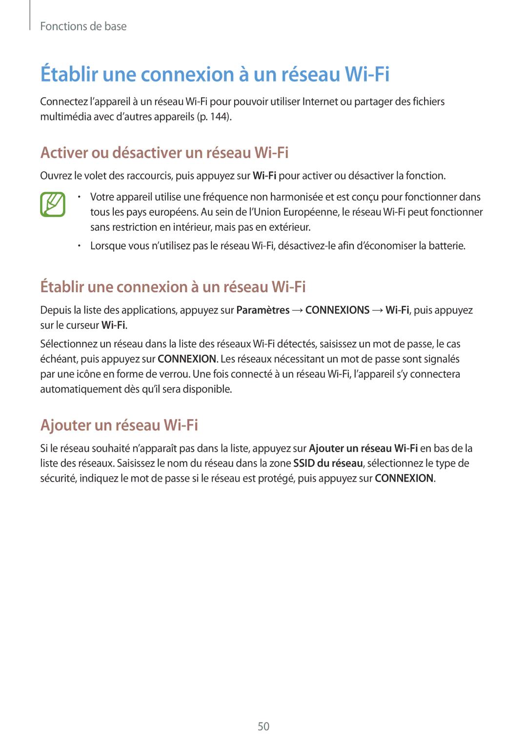 Samsung SM-P9050ZWAXEF, SM-P9050ZKAXEF manual Établir une connexion à un réseau Wi-Fi, Activer ou désactiver un réseau Wi-Fi 