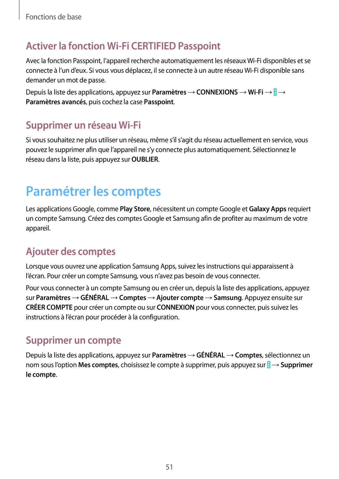 Samsung SM-P9050ZKAXEF Paramétrer les comptes, Activer la fonction Wi-Fi Certified Passpoint, Supprimer un réseau Wi-Fi 