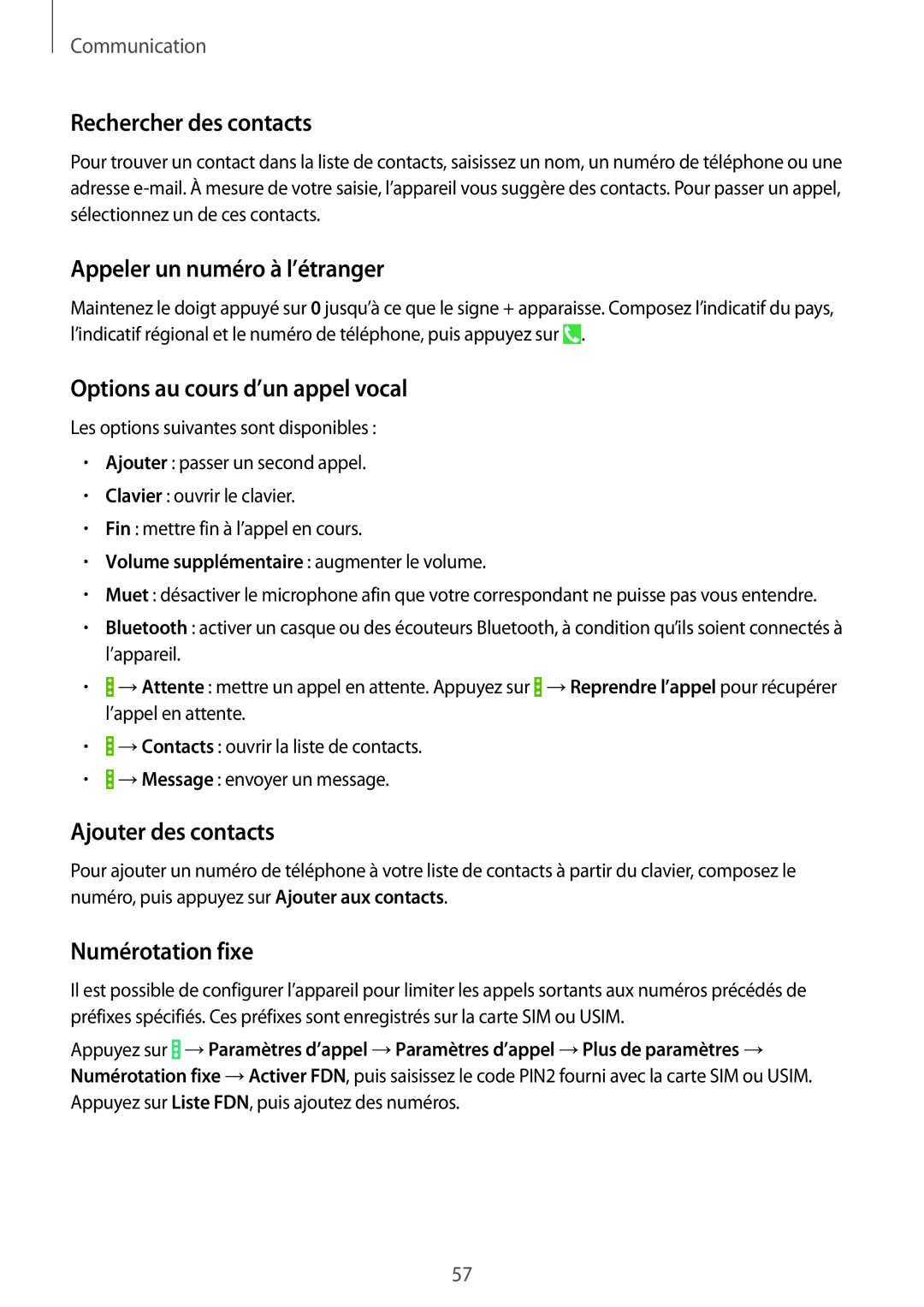 Samsung SM-P9050ZKAXEF manual Rechercher des contacts, Appeler un numéro à l’étranger, Options au cours d’un appel vocal 