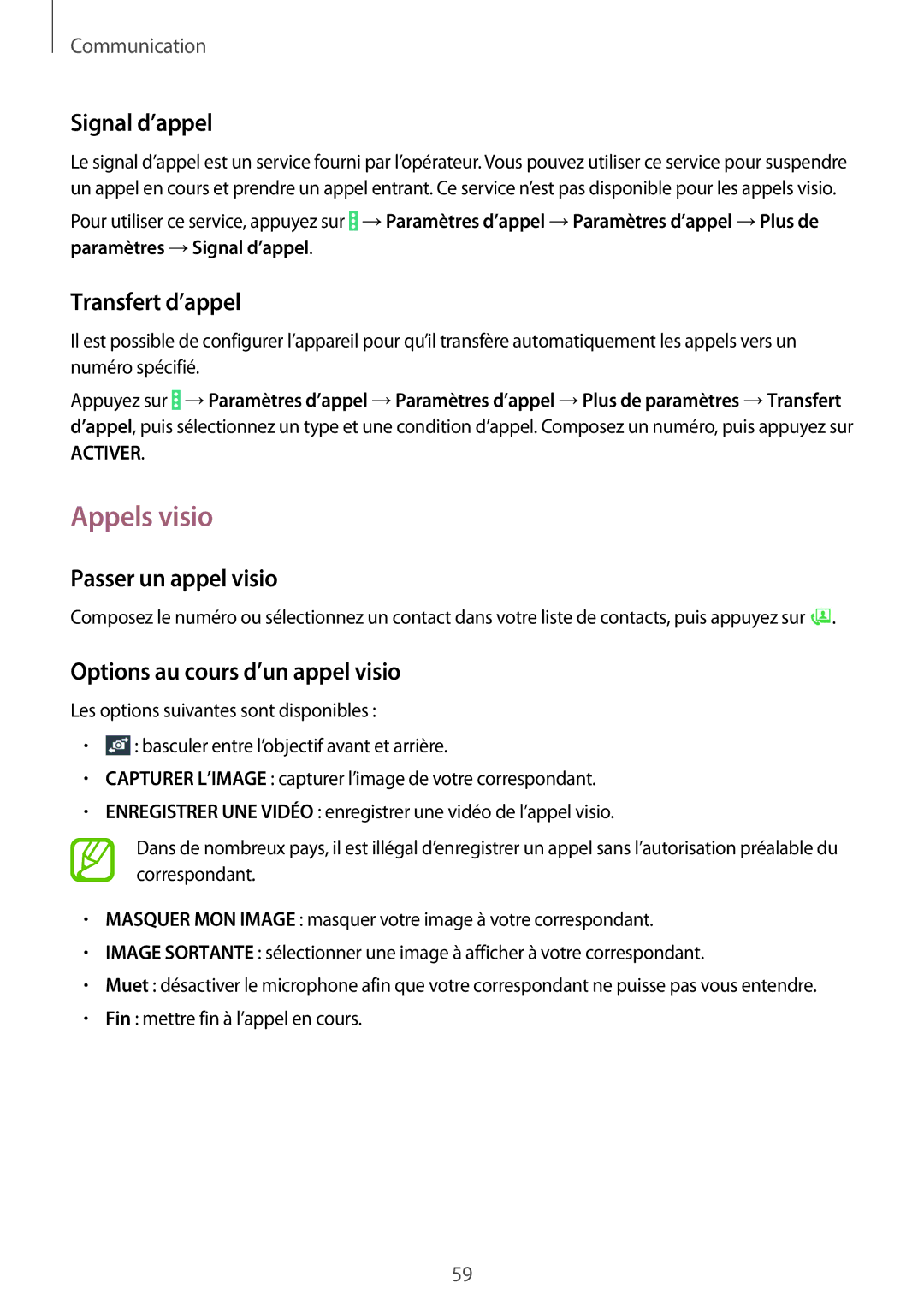 Samsung SM-P9050ZKAXEF, SM-P9050ZWAXEF manual Appels visio, Signal d’appel, Transfert d’appel, Passer un appel visio 