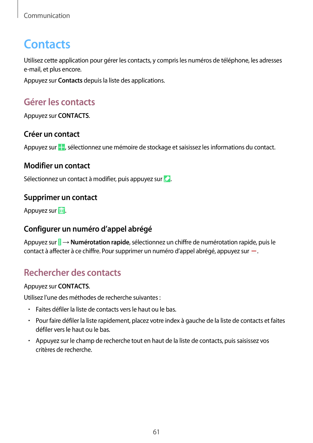 Samsung SM-P9050ZKAXEF, SM-P9050ZWAXEF manual Contacts, Gérer les contacts, Rechercher des contacts 