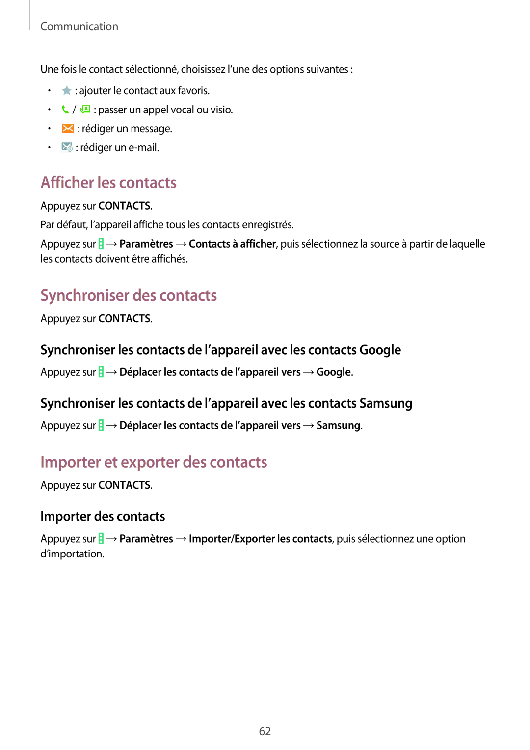 Samsung SM-P9050ZWAXEF, SM-P9050ZKAXEF Afficher les contacts, Synchroniser des contacts, Importer et exporter des contacts 