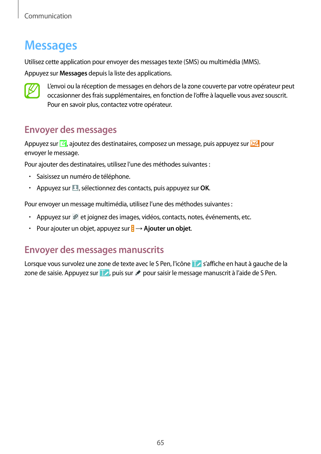 Samsung SM-P9050ZKAXEF, SM-P9050ZWAXEF manual Messages, Envoyer des messages manuscrits 