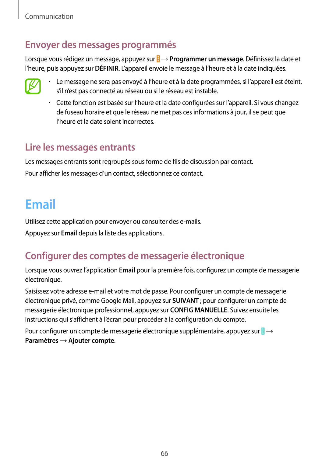 Samsung SM-P9050ZWAXEF, SM-P9050ZKAXEF manual Envoyer des messages programmés, Lire les messages entrants 