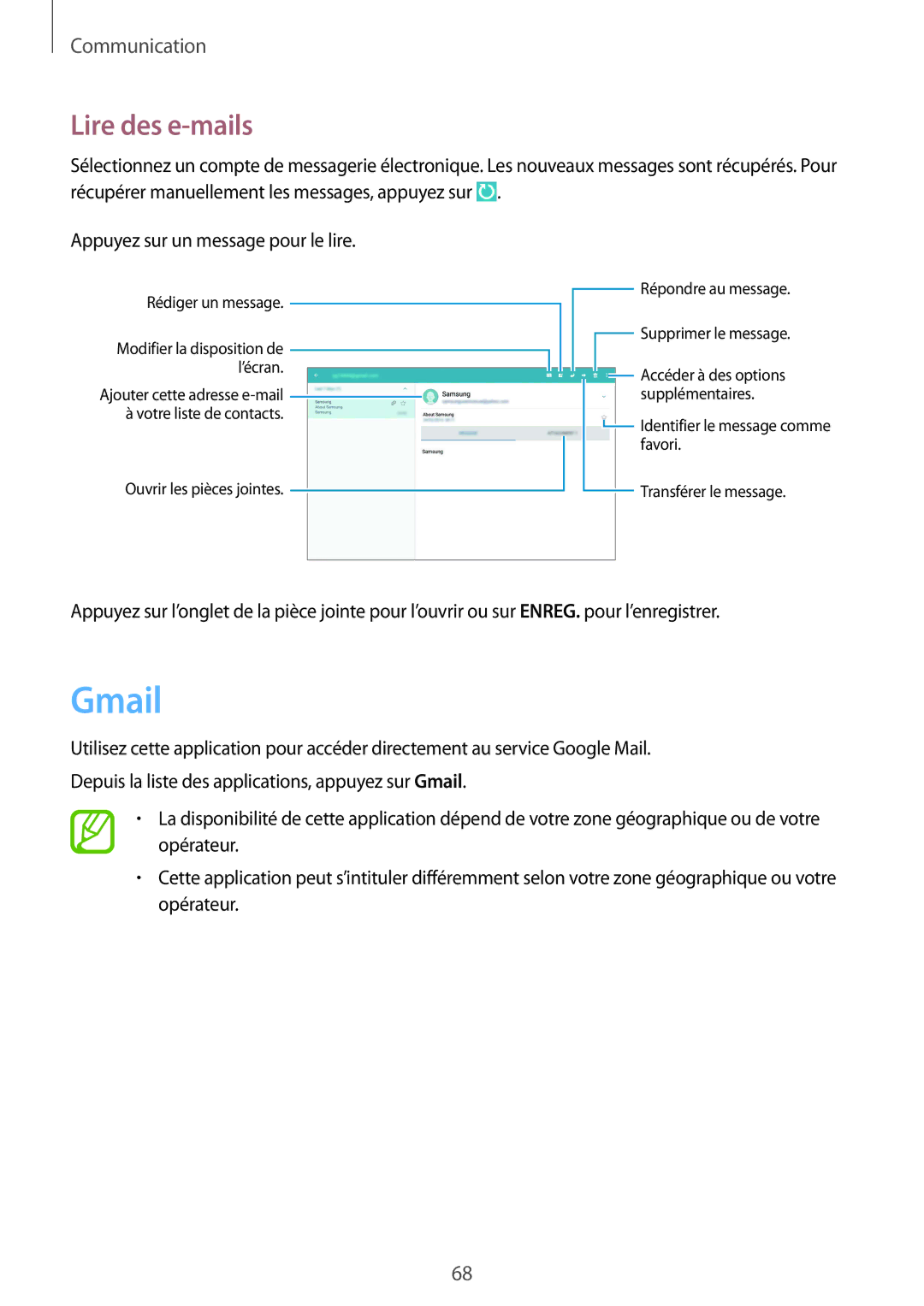 Samsung SM-P9050ZWAXEF, SM-P9050ZKAXEF manual Gmail, Lire des e-mails 