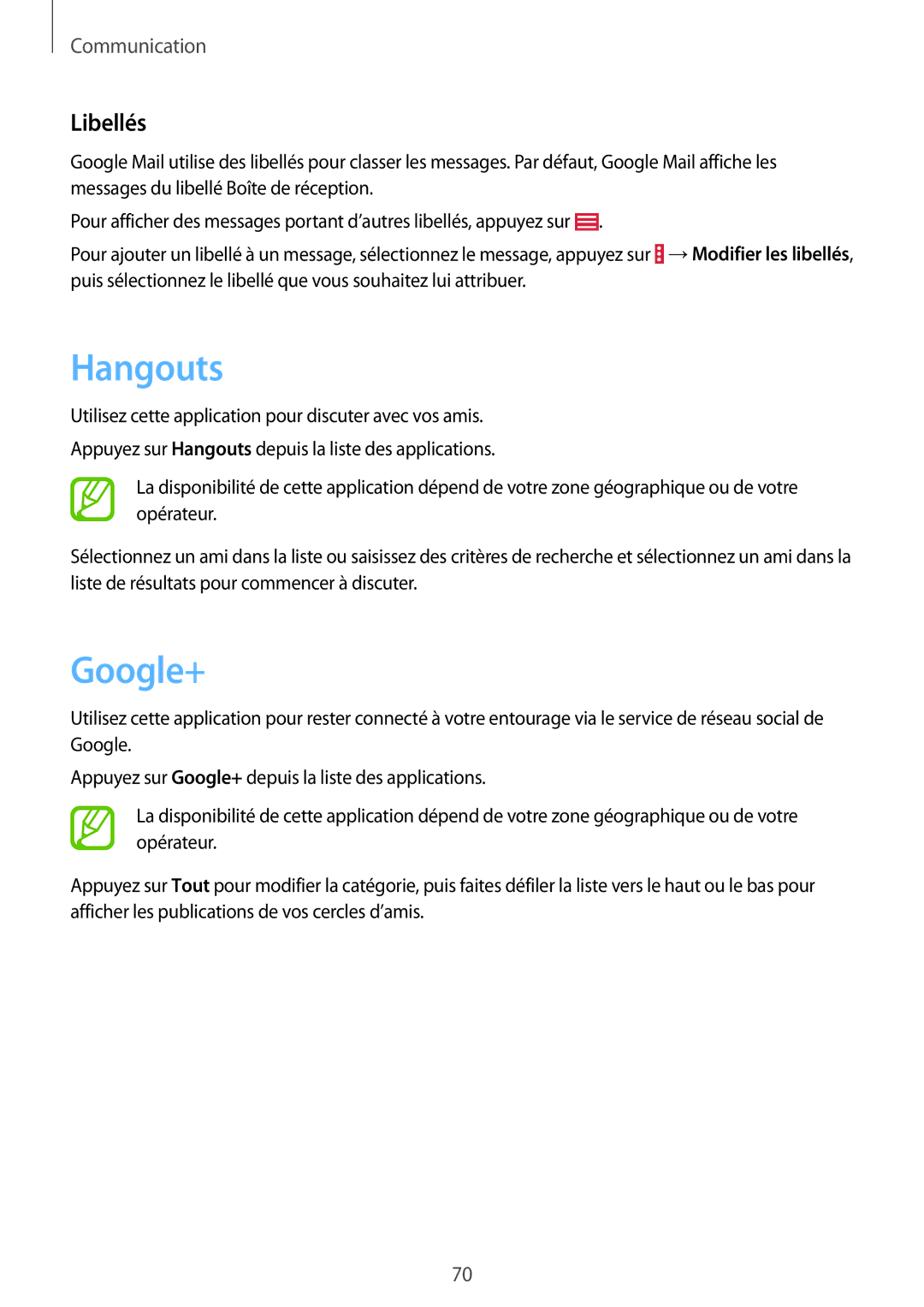 Samsung SM-P9050ZWAXEF, SM-P9050ZKAXEF manual Hangouts, Google+, Libellés 