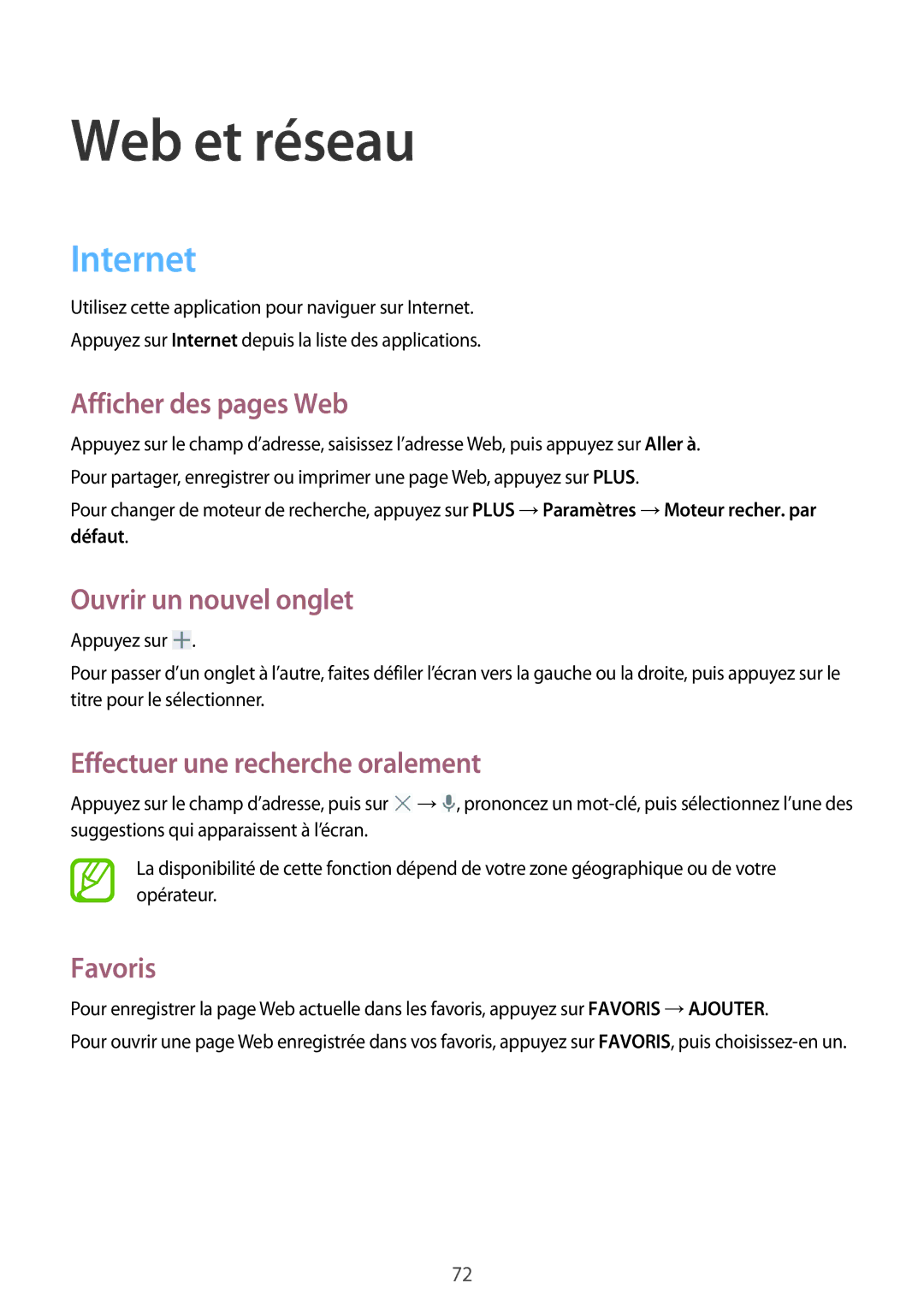 Samsung SM-P9050ZWAXEF manual Internet, Afficher des pages Web, Ouvrir un nouvel onglet, Effectuer une recherche oralement 