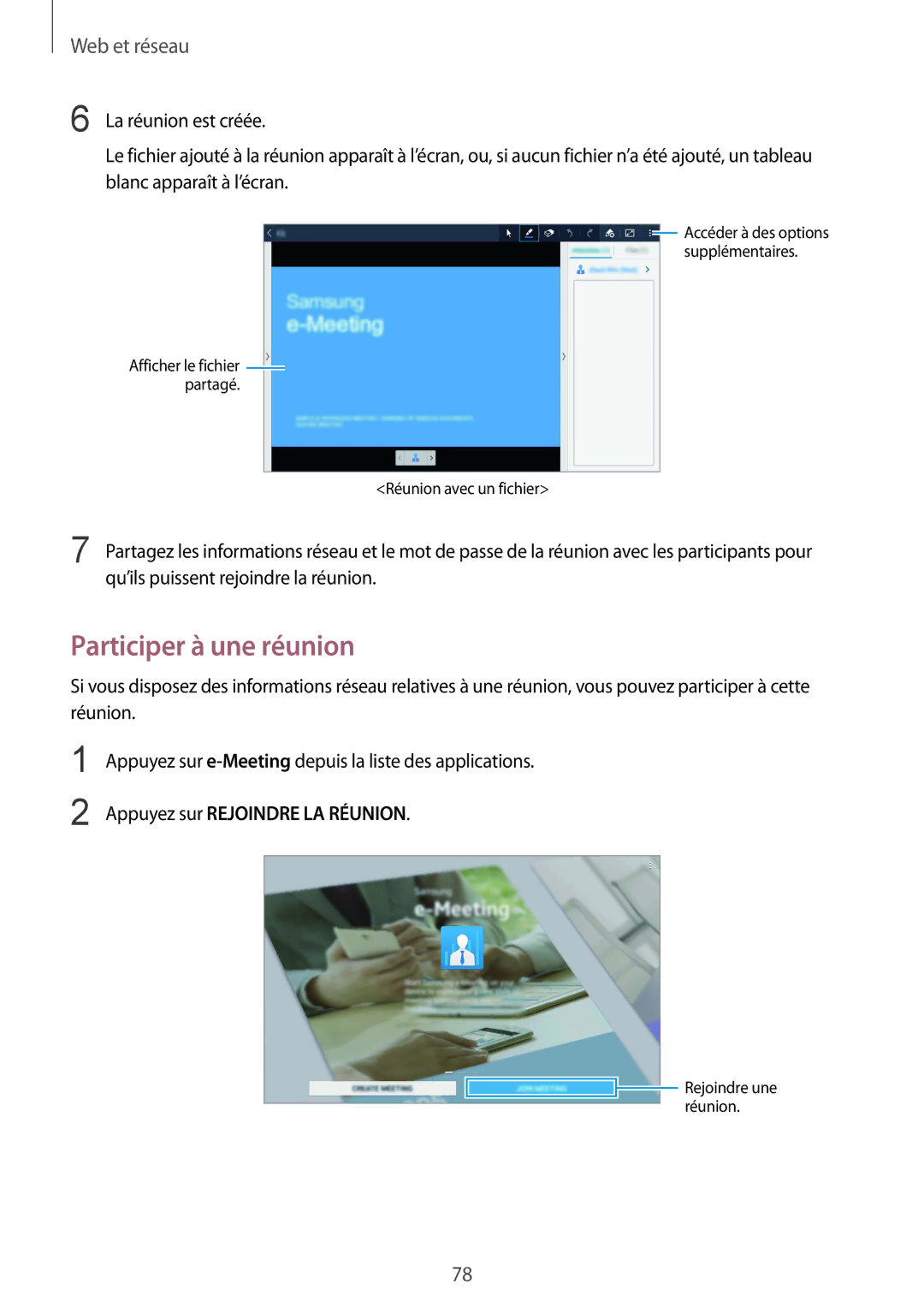 Samsung SM-P9050ZWAXEF, SM-P9050ZKAXEF manual Participer à une réunion, Appuyez sur Rejoindre LA Réunion 