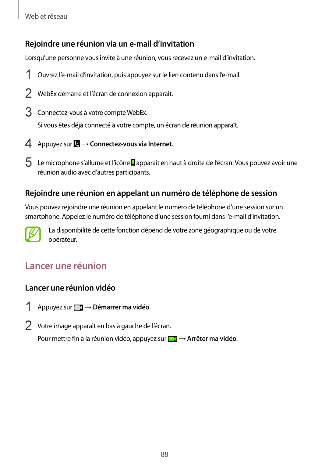 Samsung SM-P9050ZWAXEF, SM-P9050ZKAXEF manual Rejoindre une réunion via un e-mail d’invitation, Lancer une réunion vidéo 