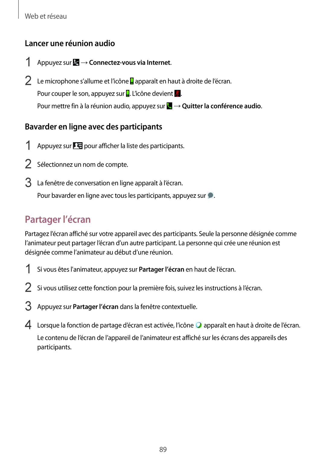 Samsung SM-P9050ZKAXEF, SM-P9050ZWAXEF Partager l’écran, Lancer une réunion audio, Bavarder en ligne avec des participants 