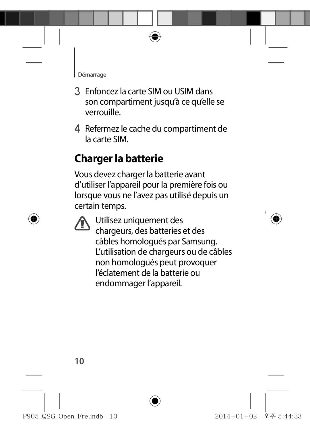 Samsung SM-P9050ZKAXEF, SM-P9050ZWAXEF manual Charger la batterie 