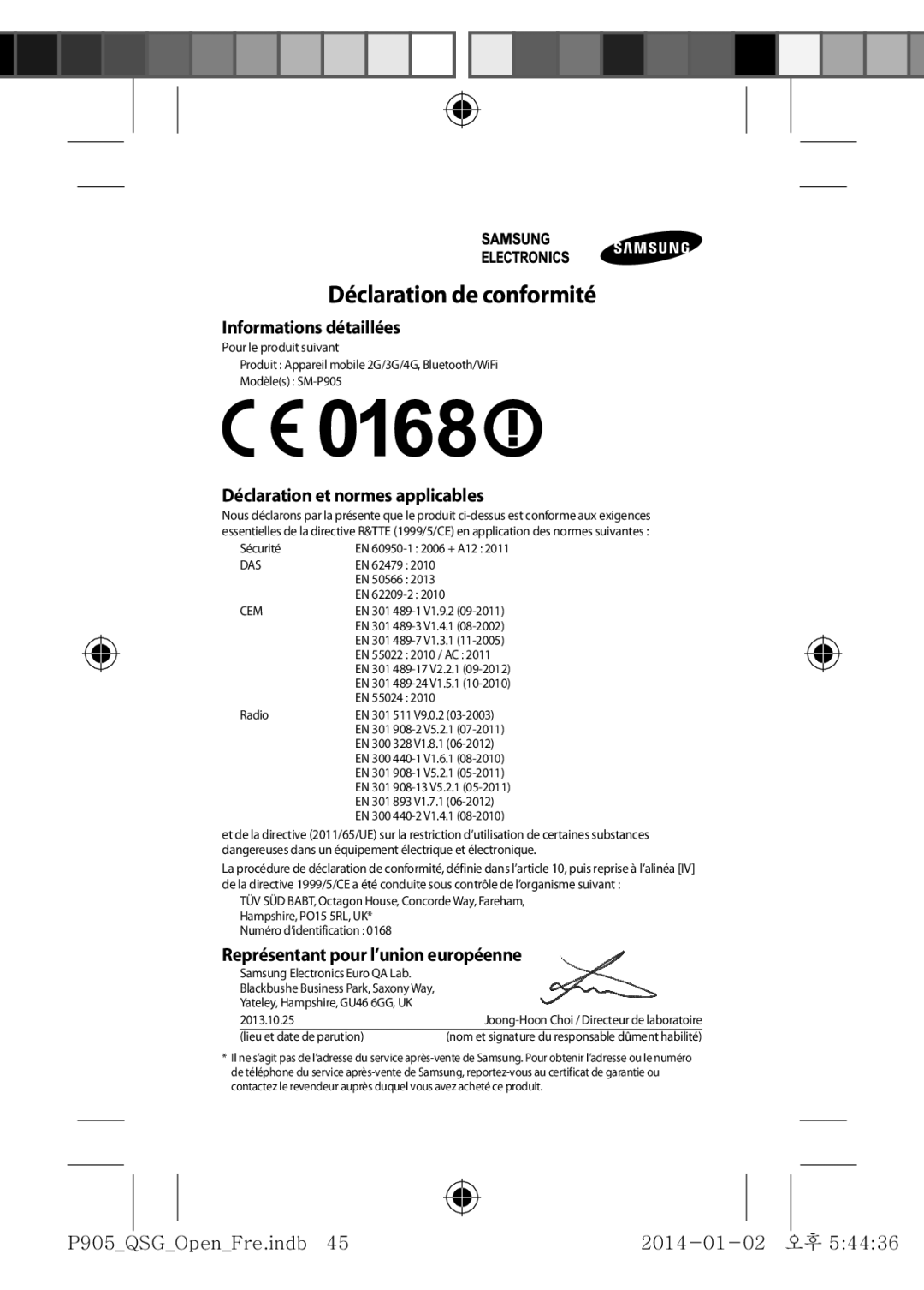 Samsung SM-P9050ZWAXEF, SM-P9050ZKAXEF manual Déclaration de conformité 