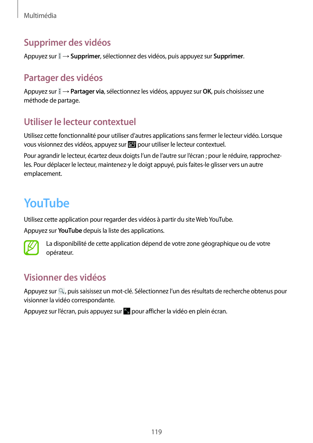 Samsung SM-P9050ZKAXEF, SM-P9050ZWAXEF YouTube, Supprimer des vidéos, Partager des vidéos, Utiliser le lecteur contextuel 