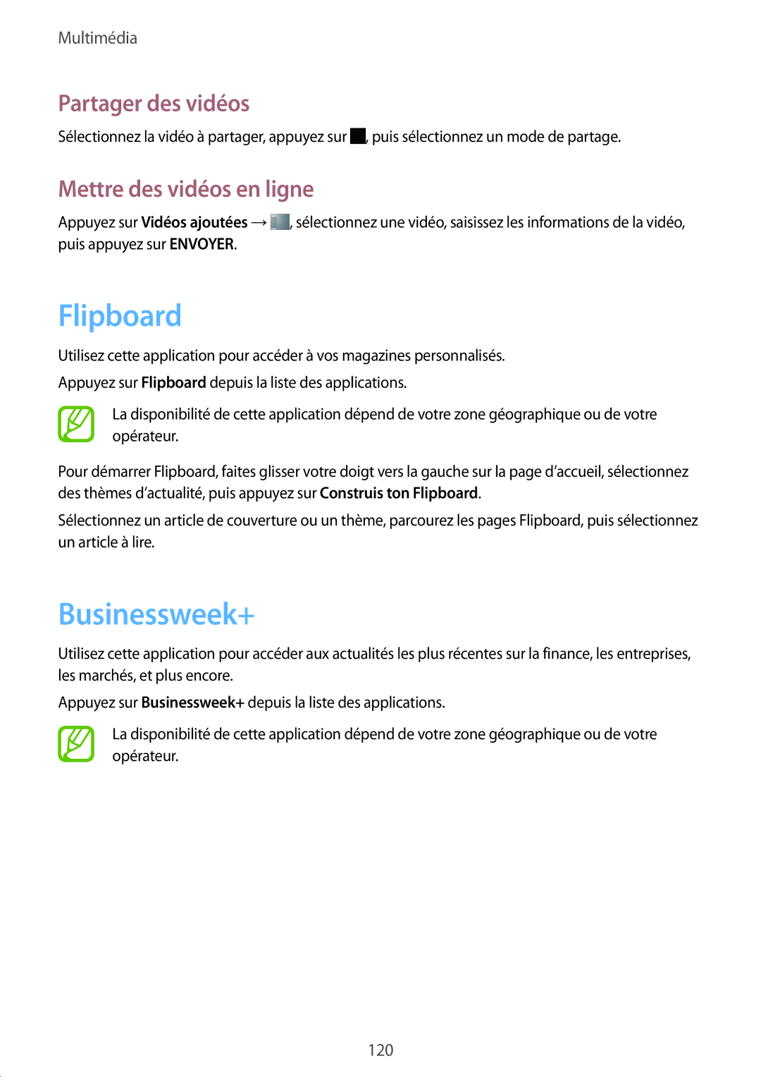 Samsung SM-P9050ZWAXEF, SM-P9050ZKAXEF manual Flipboard, Businessweek+, Mettre des vidéos en ligne 