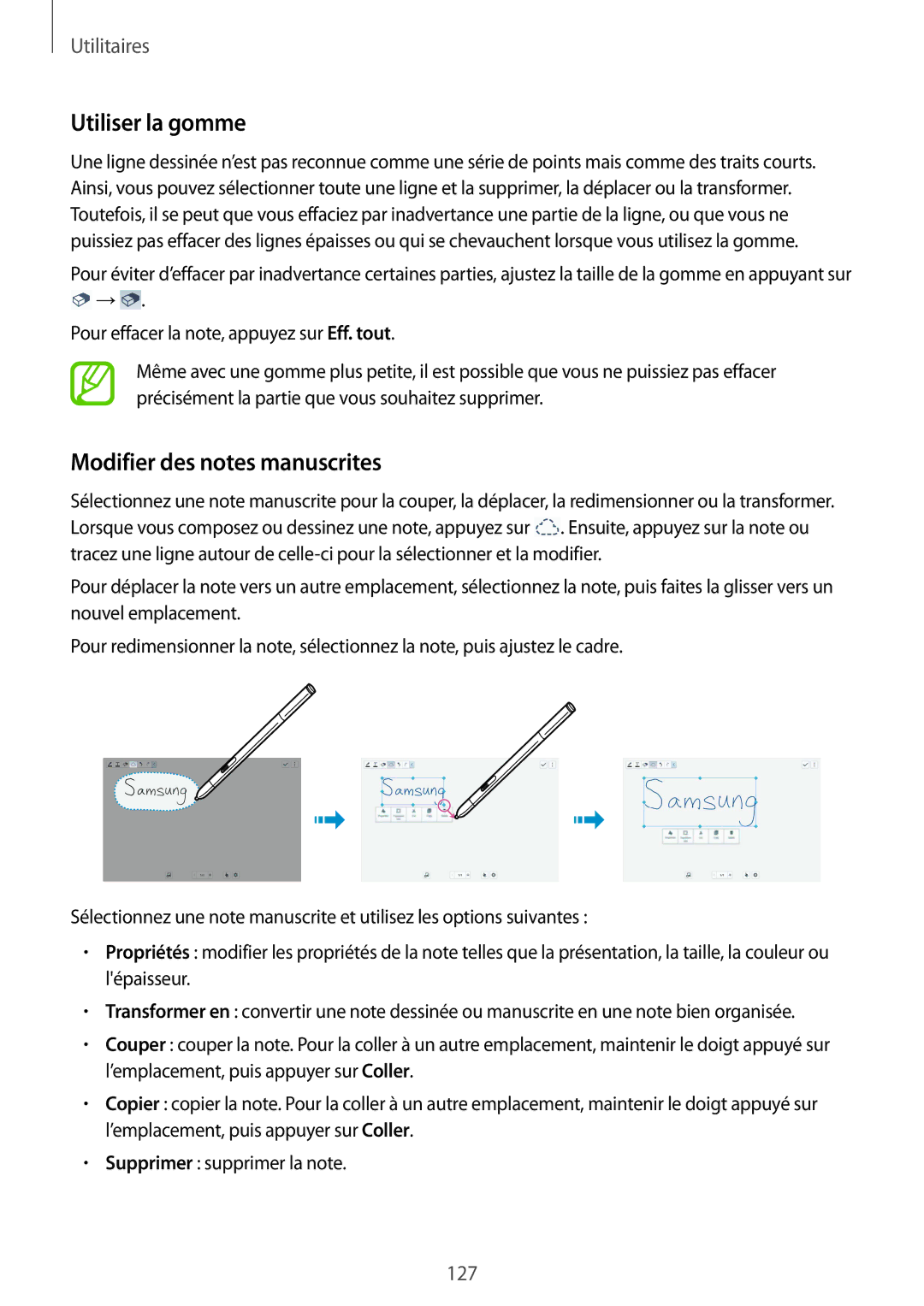 Samsung SM-P9050ZKAXEF, SM-P9050ZWAXEF manual Utiliser la gomme, Modifier des notes manuscrites 