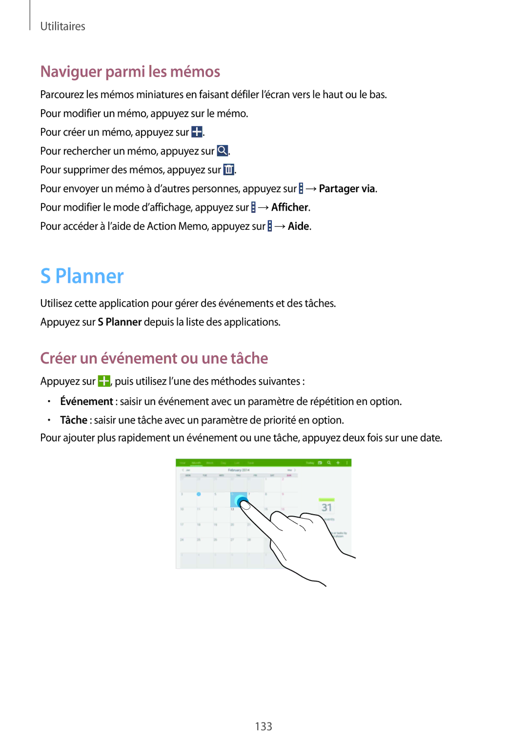 Samsung SM-P9050ZKAXEF, SM-P9050ZWAXEF manual Planner, Naviguer parmi les mémos, Créer un événement ou une tâche 