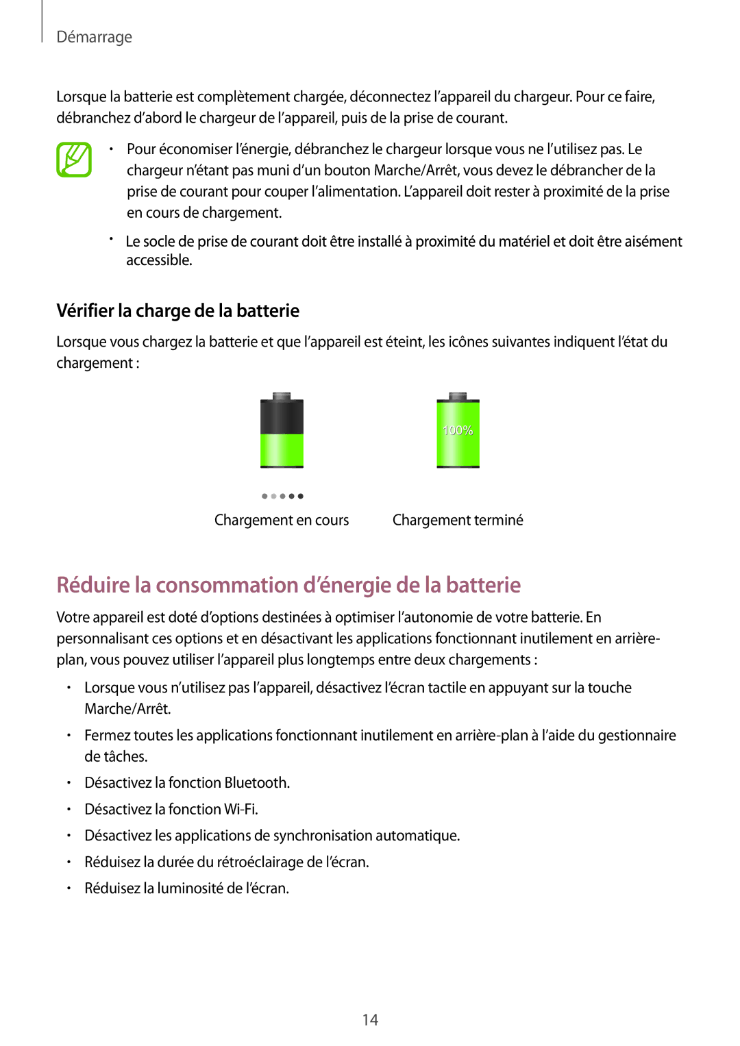 Samsung SM-P9050ZWAXEF, SM-P9050ZKAXEF Réduire la consommation d’énergie de la batterie, Vérifier la charge de la batterie 