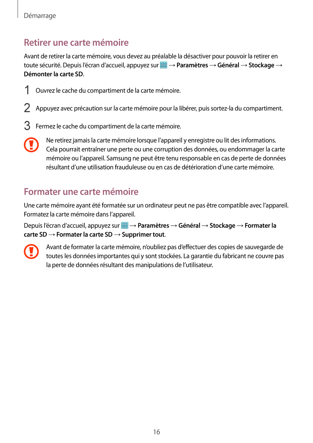 Samsung SM-P9050ZWAXEF, SM-P9050ZKAXEF manual Retirer une carte mémoire, Formater une carte mémoire 