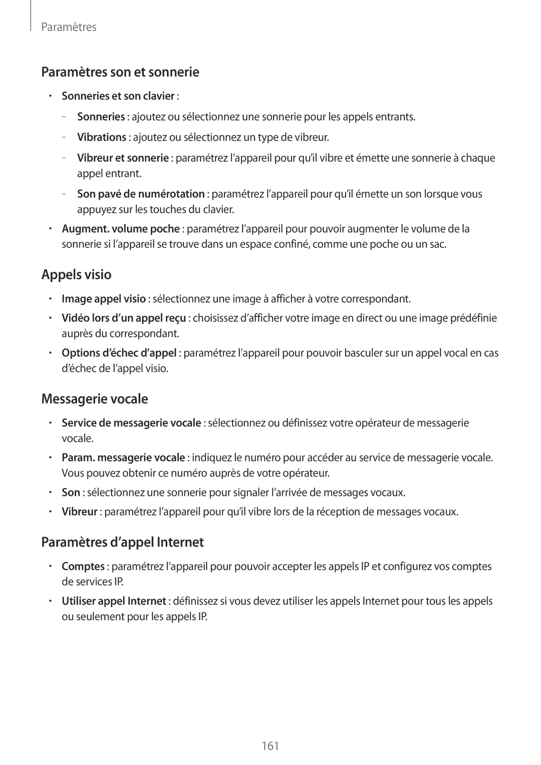 Samsung SM-P9050ZKAXEF manual Paramètres son et sonnerie, Appels visio, Messagerie vocale, Paramètres d’appel Internet 