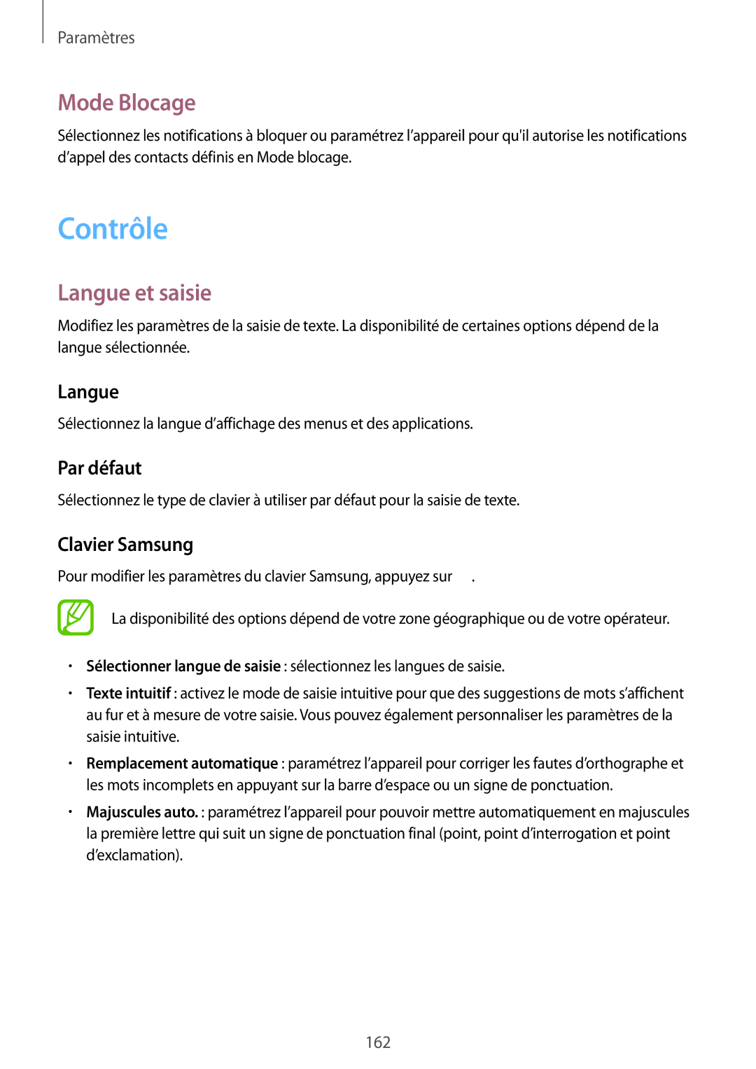 Samsung SM-P9050ZWAXEF, SM-P9050ZKAXEF manual Contrôle, Mode Blocage, Langue et saisie 