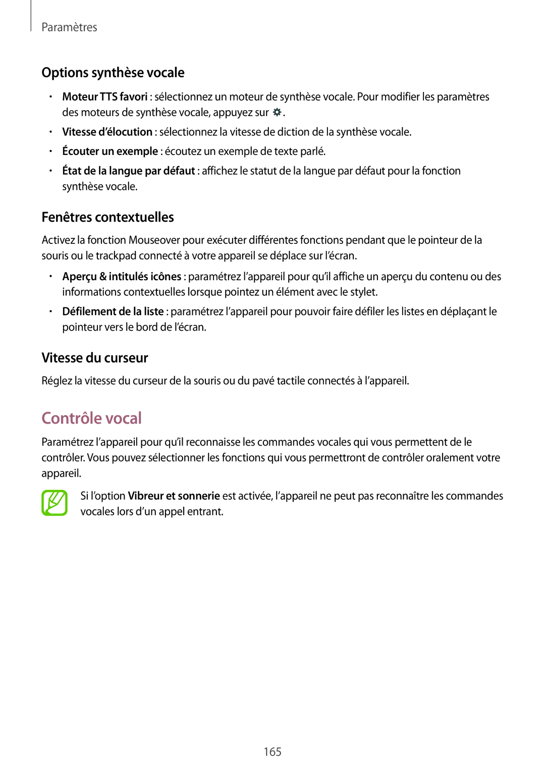 Samsung SM-P9050ZKAXEF, SM-P9050ZWAXEF Contrôle vocal, Options synthèse vocale, Fenêtres contextuelles, Vitesse du curseur 