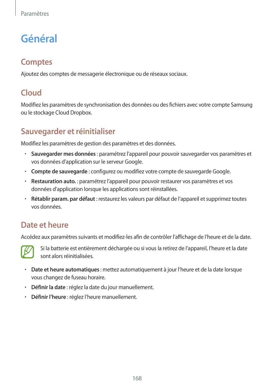 Samsung SM-P9050ZWAXEF, SM-P9050ZKAXEF manual Général, Comptes, Cloud, Sauvegarder et réinitialiser, Date et heure 