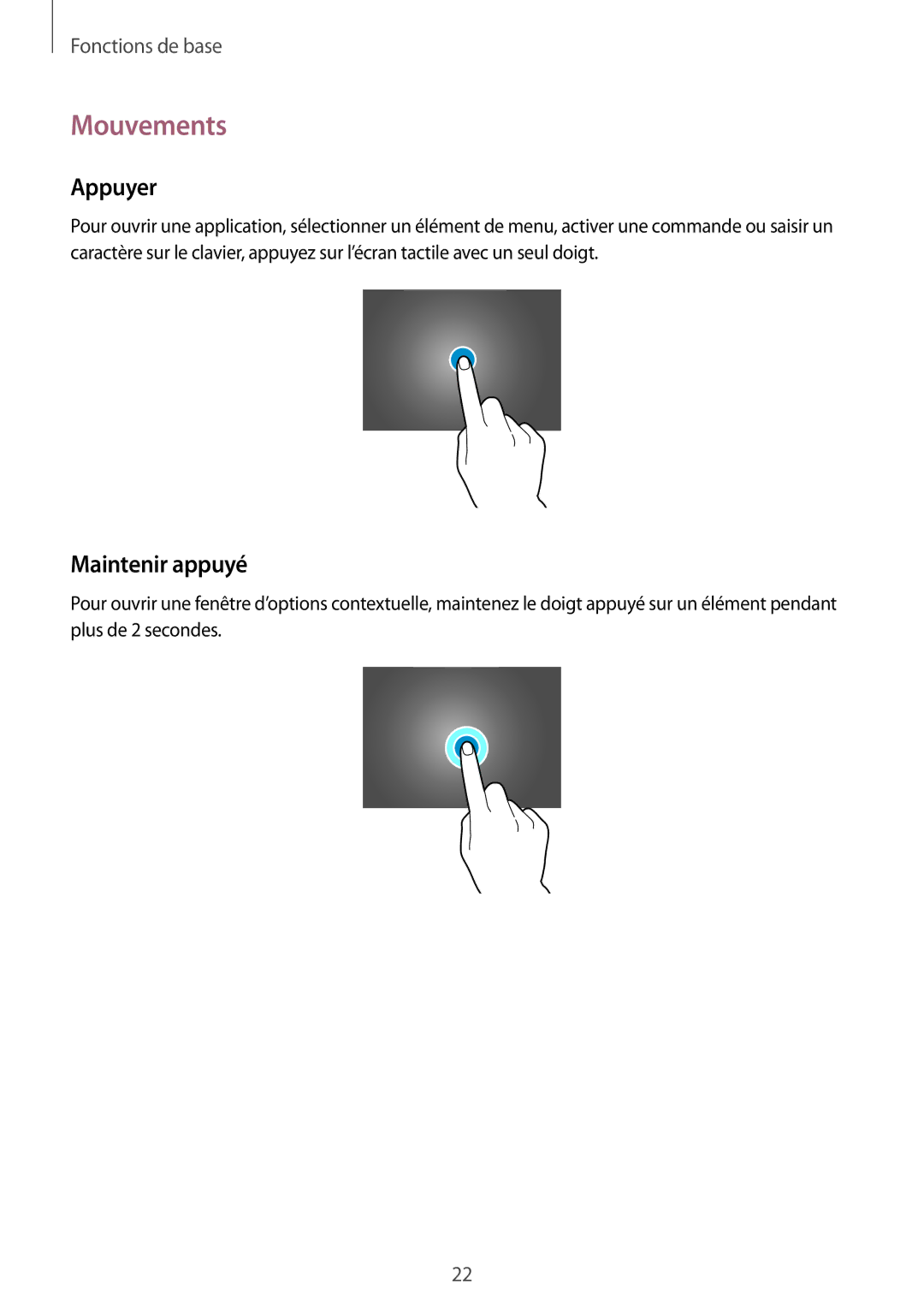 Samsung SM-P9050ZWAXEF, SM-P9050ZKAXEF manual Mouvements, Appuyer, Maintenir appuyé 