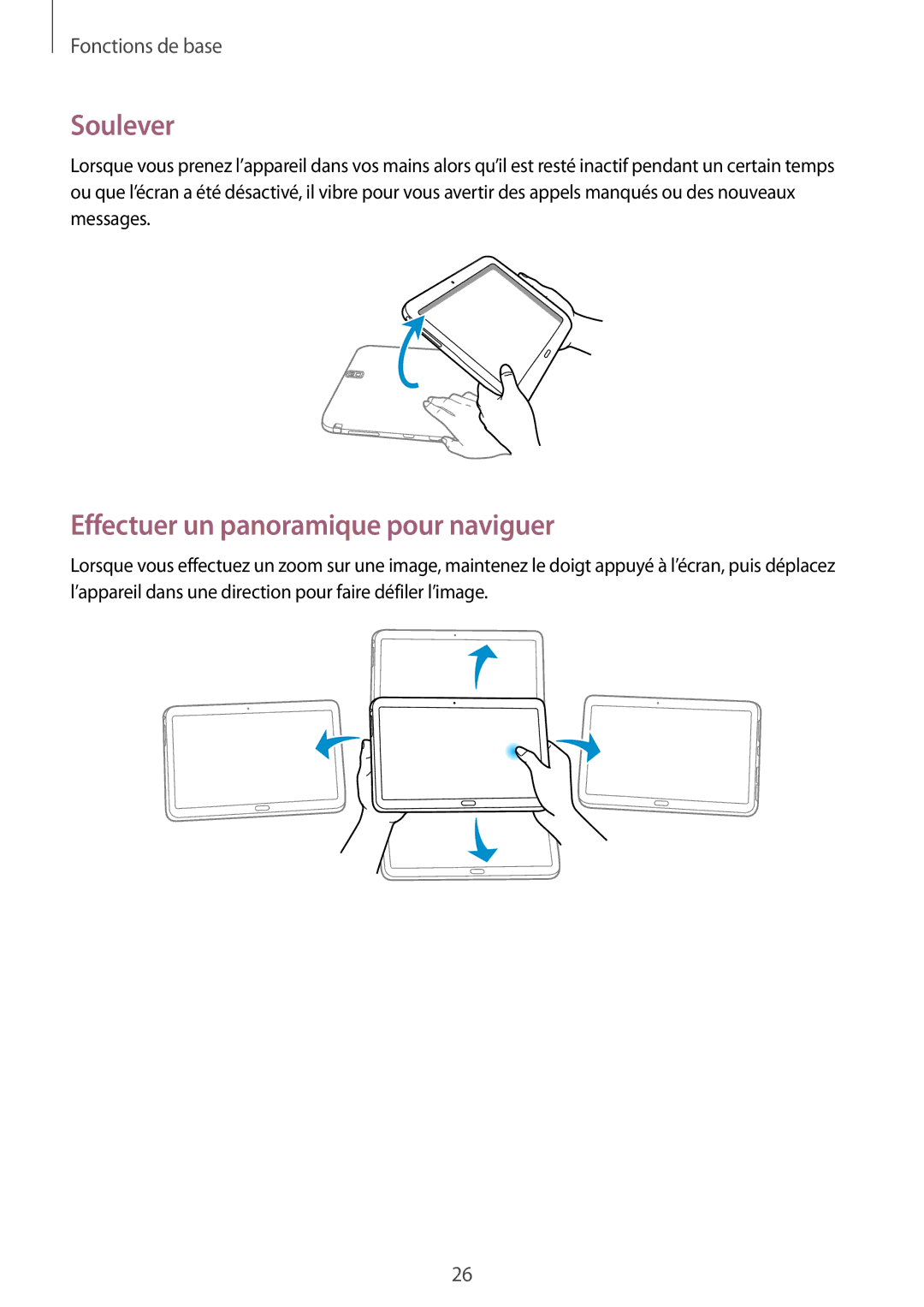 Samsung SM-P9050ZWAXEF, SM-P9050ZKAXEF manual Soulever, Effectuer un panoramique pour naviguer 