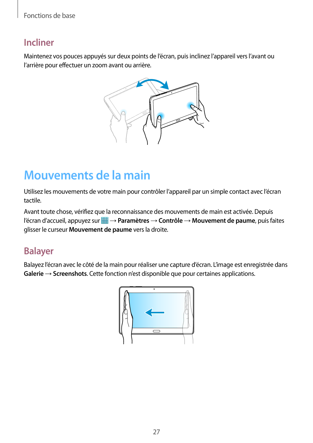 Samsung SM-P9050ZKAXEF, SM-P9050ZWAXEF manual Mouvements de la main, Incliner, Balayer 