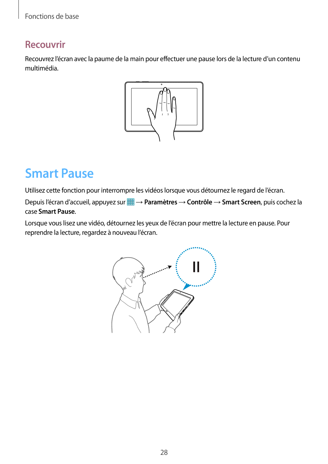 Samsung SM-P9050ZWAXEF, SM-P9050ZKAXEF manual Smart Pause, Recouvrir 