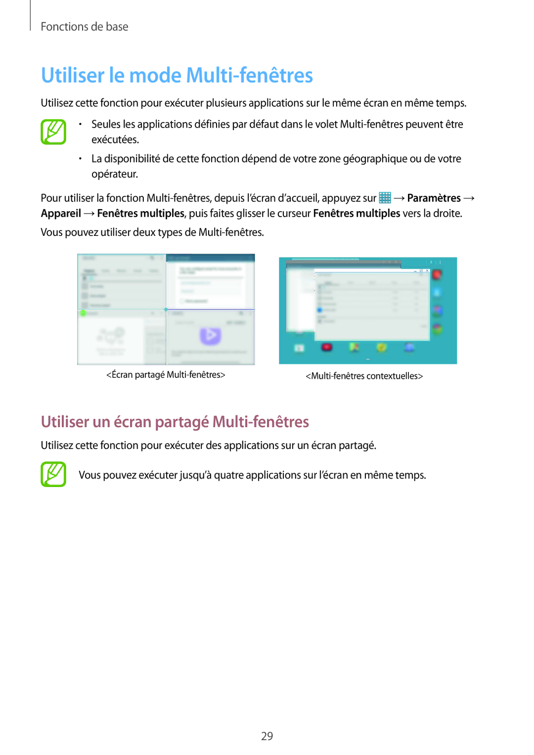 Samsung SM-P9050ZKAXEF, SM-P9050ZWAXEF manual Utiliser le mode Multi-fenêtres, Utiliser un écran partagé Multi-fenêtres 