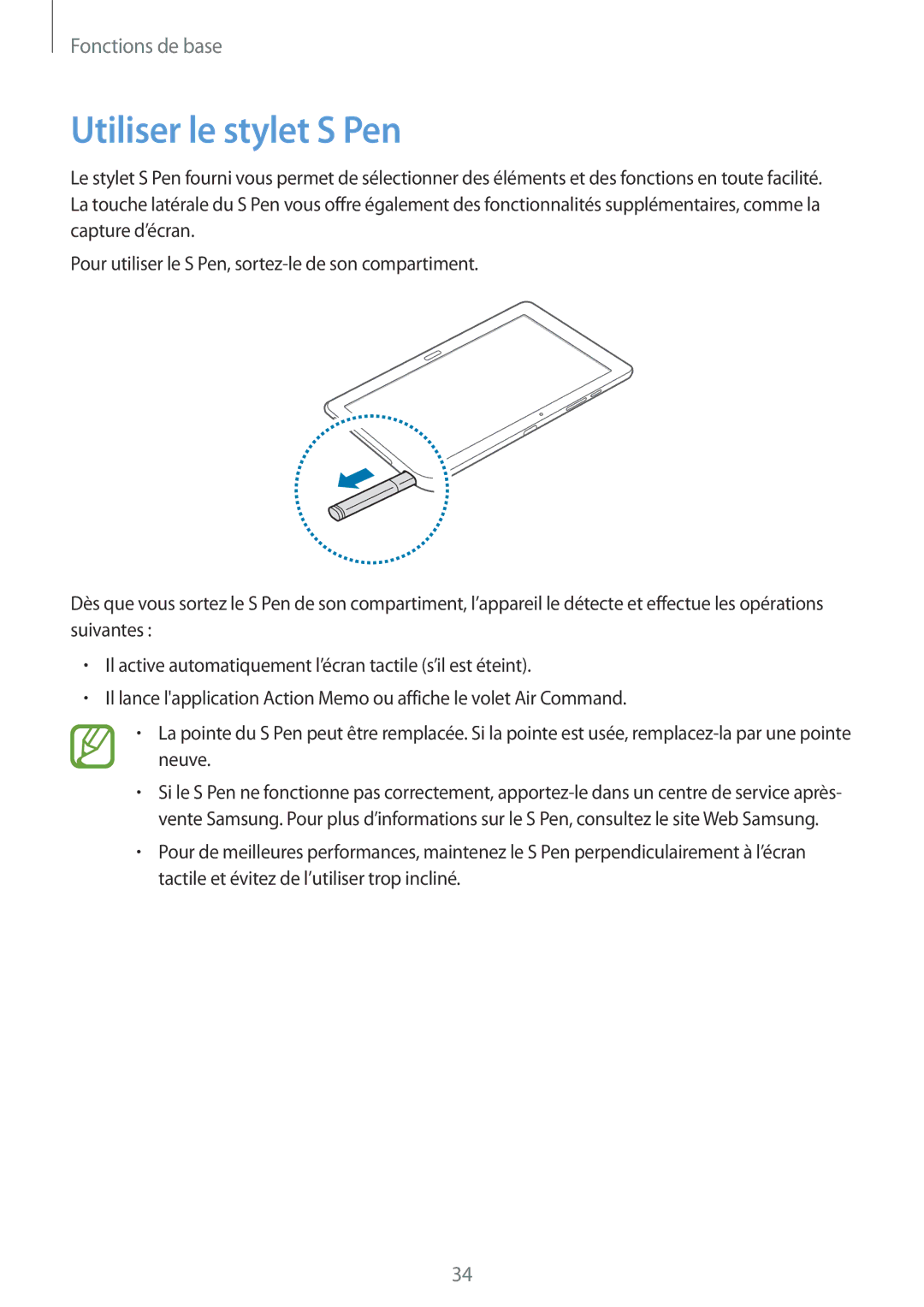 Samsung SM-P9050ZWAXEF, SM-P9050ZKAXEF manual Utiliser le stylet S Pen 