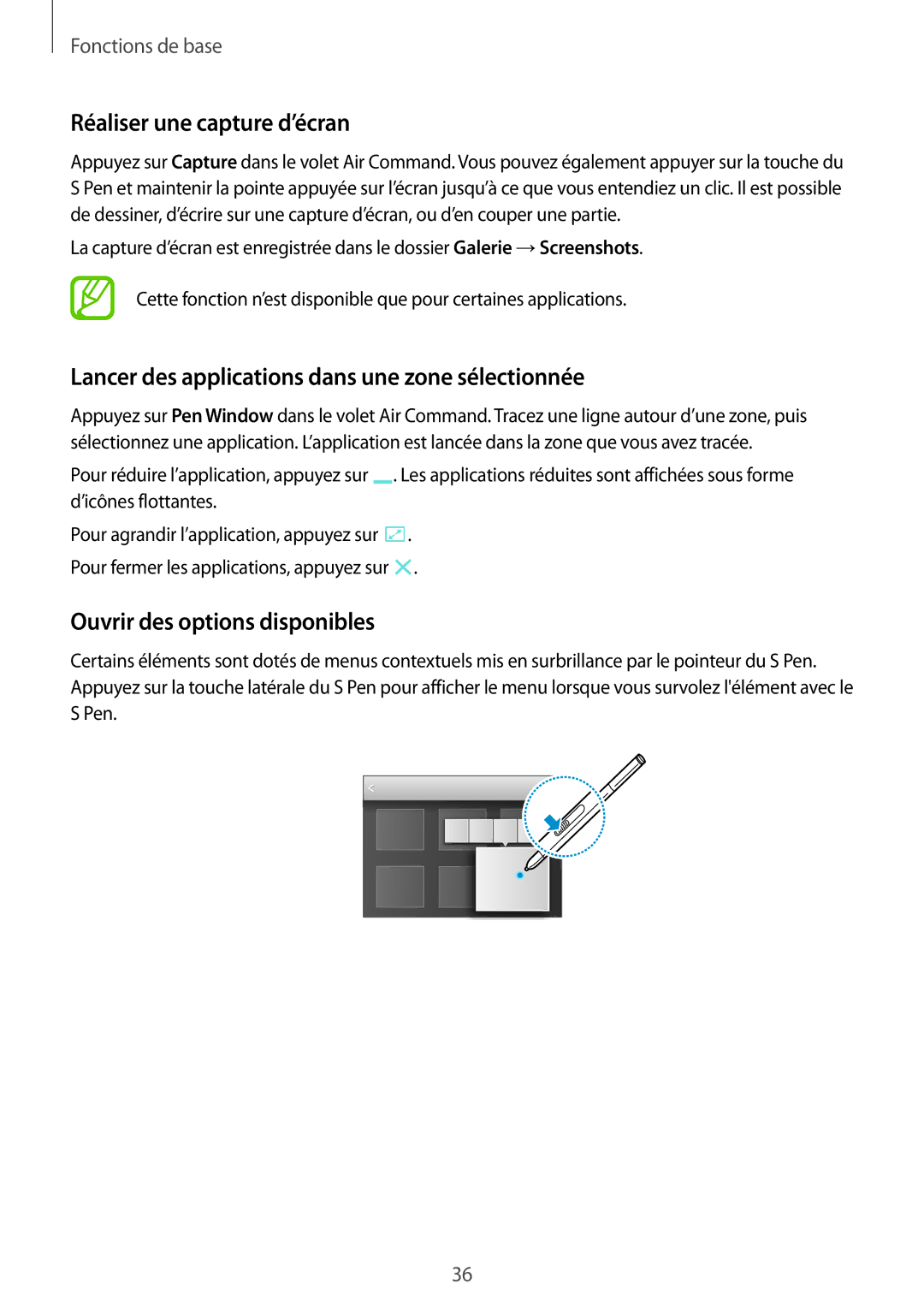 Samsung SM-P9050ZWAXEF, SM-P9050ZKAXEF Réaliser une capture d’écran, Lancer des applications dans une zone sélectionnée 