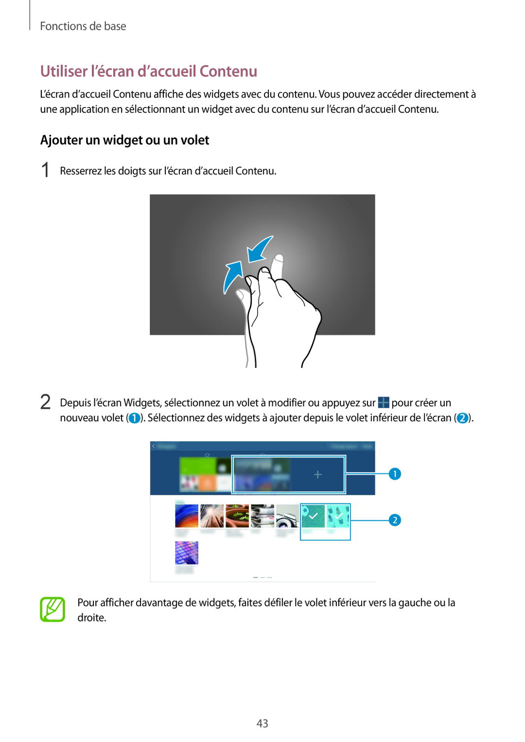 Samsung SM-P9050ZKAXEF, SM-P9050ZWAXEF manual Utiliser l’écran d’accueil Contenu, Ajouter un widget ou un volet 