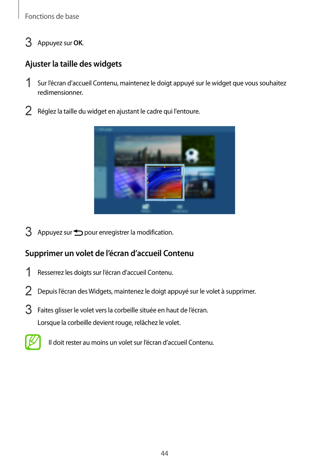Samsung SM-P9050ZWAXEF, SM-P9050ZKAXEF manual Ajuster la taille des widgets, Supprimer un volet de l’écran d’accueil Contenu 