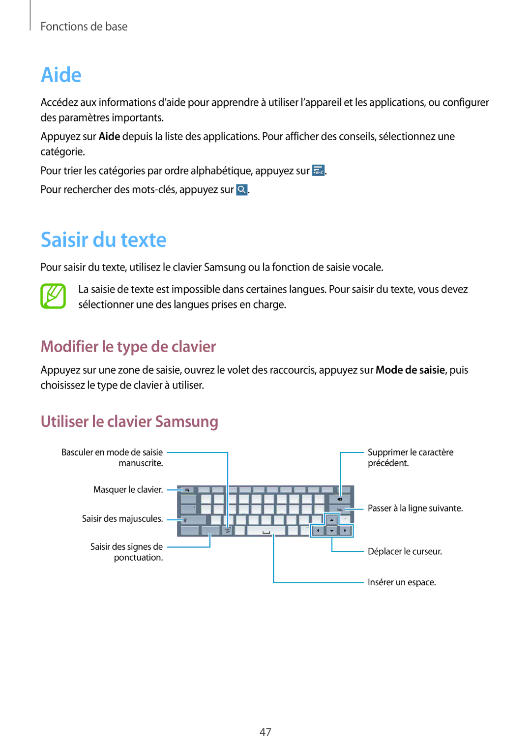 Samsung SM-P9050ZKAXEF, SM-P9050ZWAXEF Aide, Saisir du texte, Modifier le type de clavier, Utiliser le clavier Samsung 