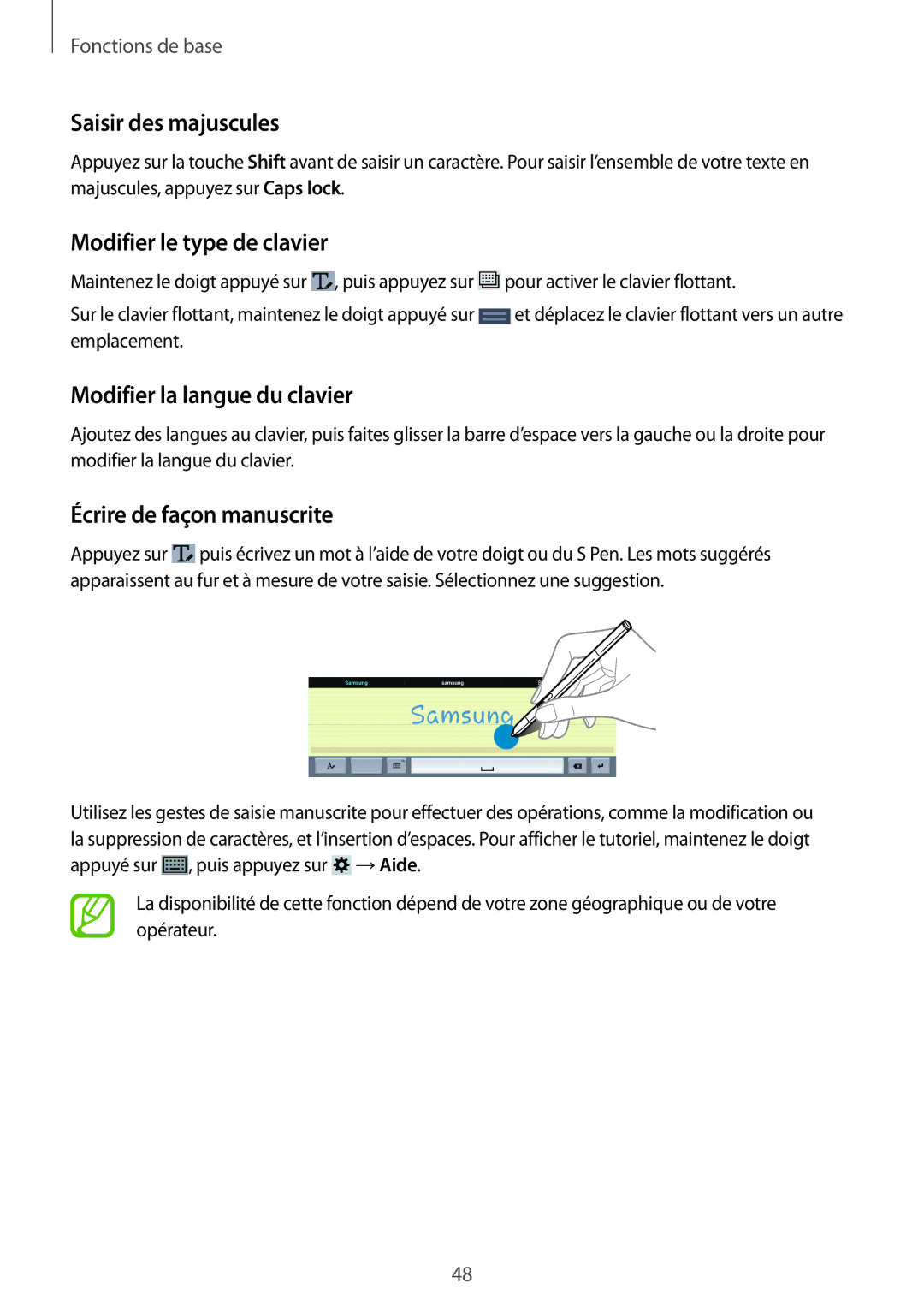 Samsung SM-P9050ZWAXEF, SM-P9050ZKAXEF Saisir des majuscules, Modifier le type de clavier, Modifier la langue du clavier 