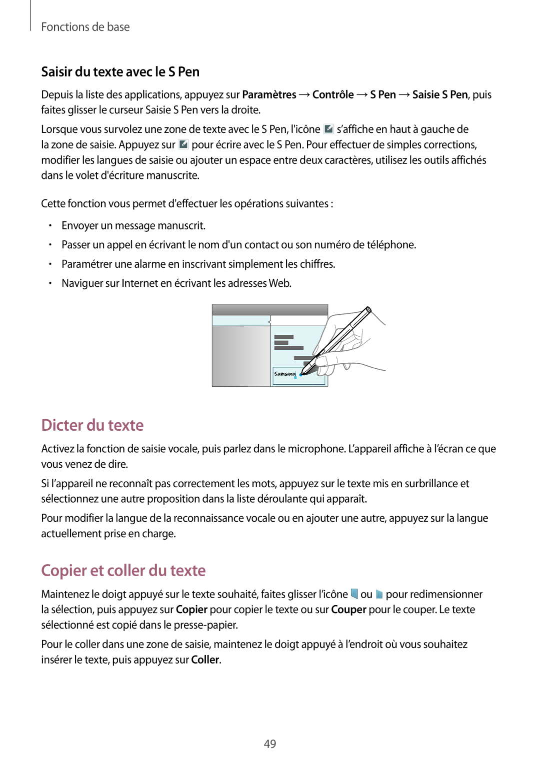 Samsung SM-P9050ZKAXEF, SM-P9050ZWAXEF manual Dicter du texte, Copier et coller du texte, Saisir du texte avec le S Pen 