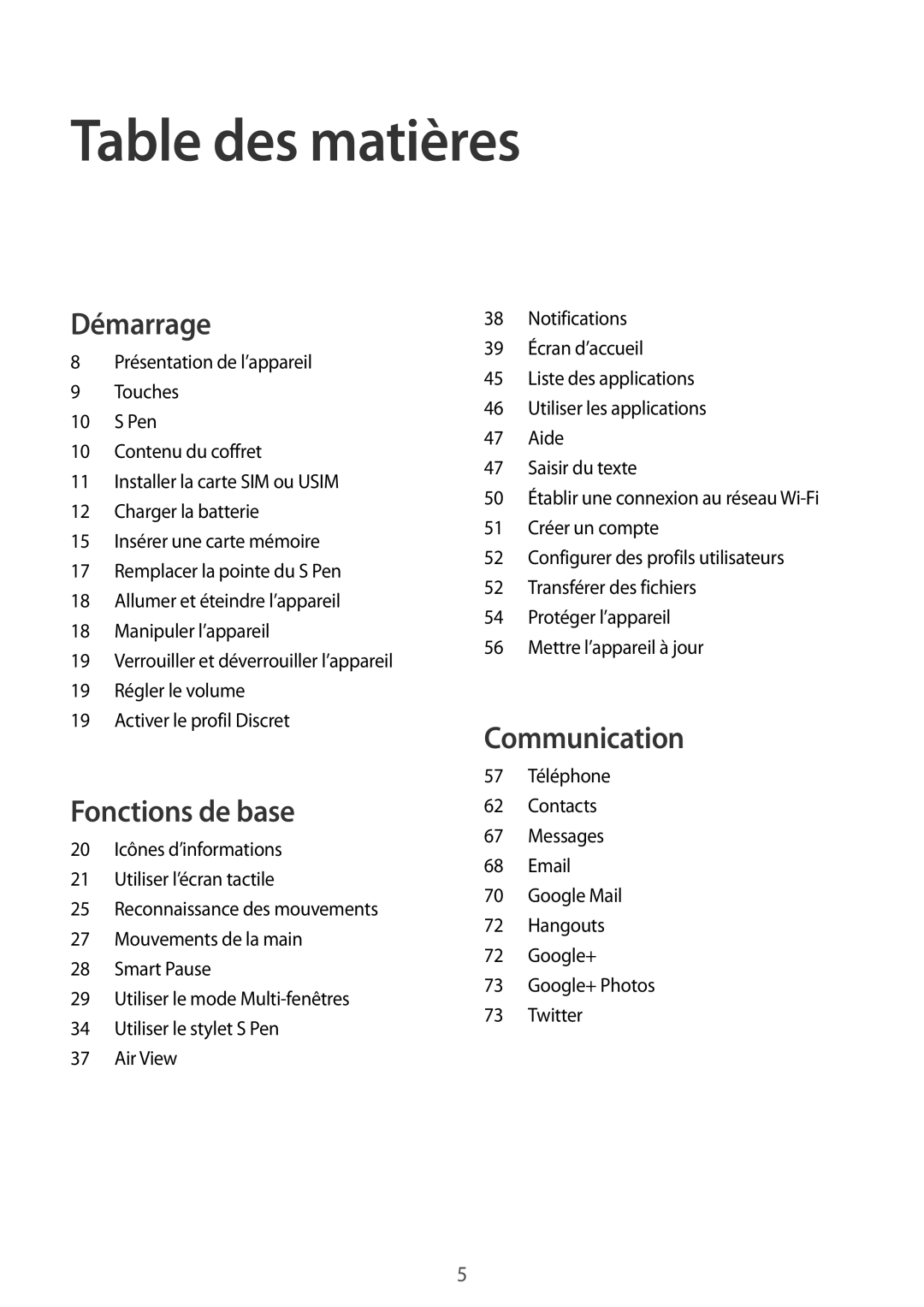 Samsung SM-P9050ZKAXEF, SM-P9050ZWAXEF manual Table des matières 