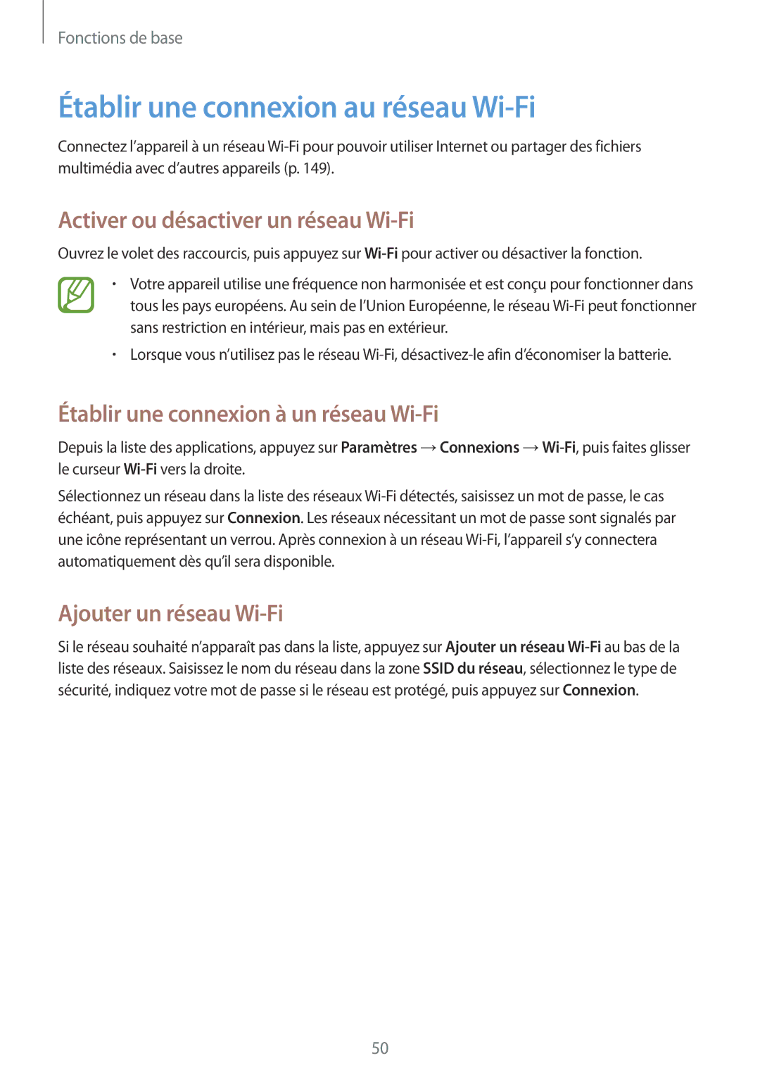 Samsung SM-P9050ZWAXEF, SM-P9050ZKAXEF manual Établir une connexion au réseau Wi-Fi, Activer ou désactiver un réseau Wi-Fi 