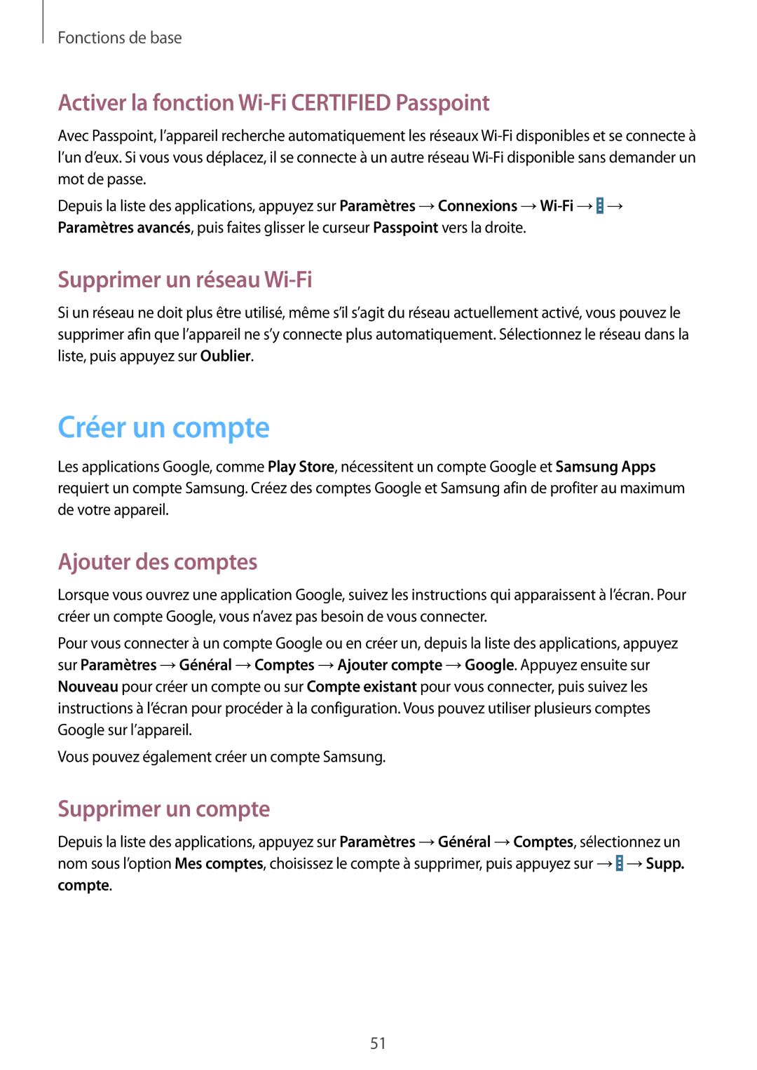 Samsung SM-P9050ZKAXEF manual Créer un compte, Activer la fonction Wi-Fi Certified Passpoint, Supprimer un réseau Wi-Fi 