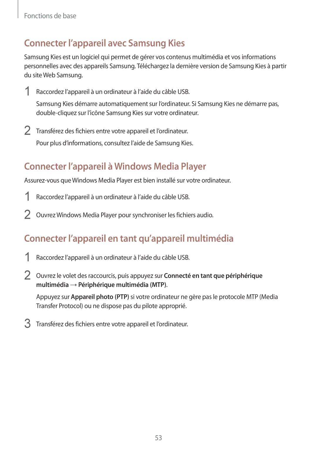 Samsung SM-P9050ZKAXEF, SM-P9050ZWAXEF Connecter l’appareil avec Samsung Kies, Connecter l’appareil à Windows Media Player 